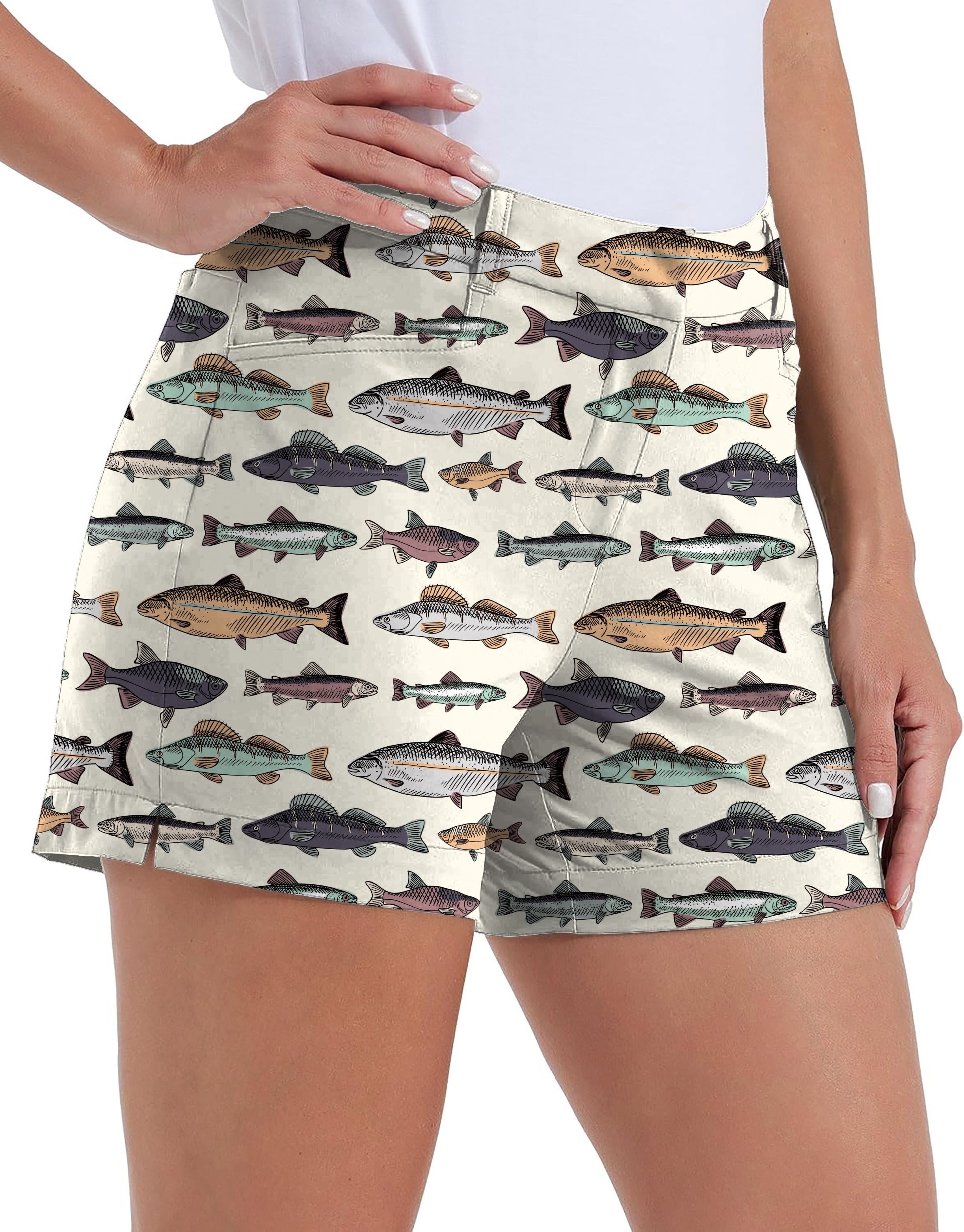 Master Baiter Own Logo women's quick-drying golf shorts with fish print and pockets