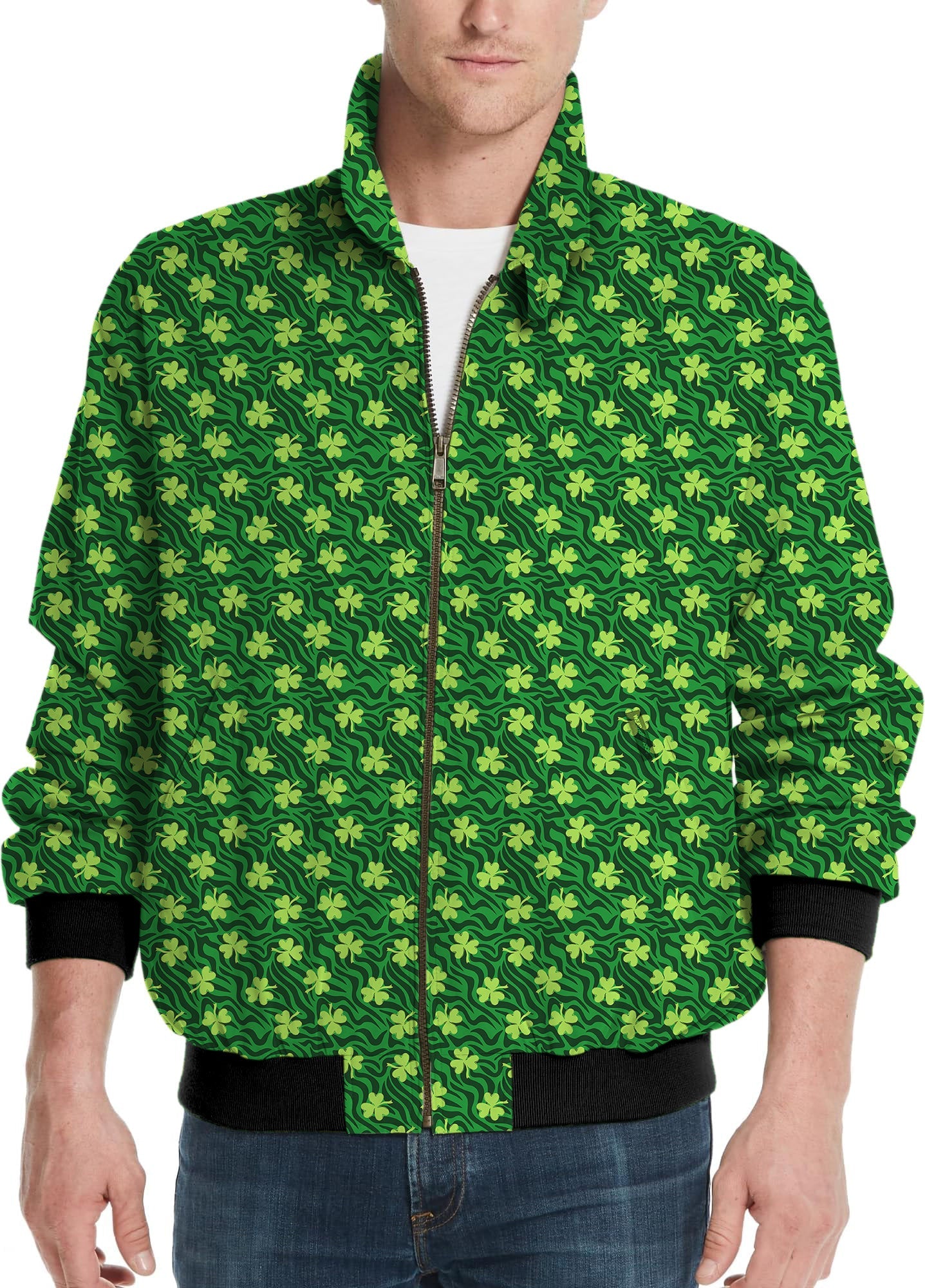Men's golf windbreaker jacket with green leaf clover and zebra St. Patrick's Day pattern