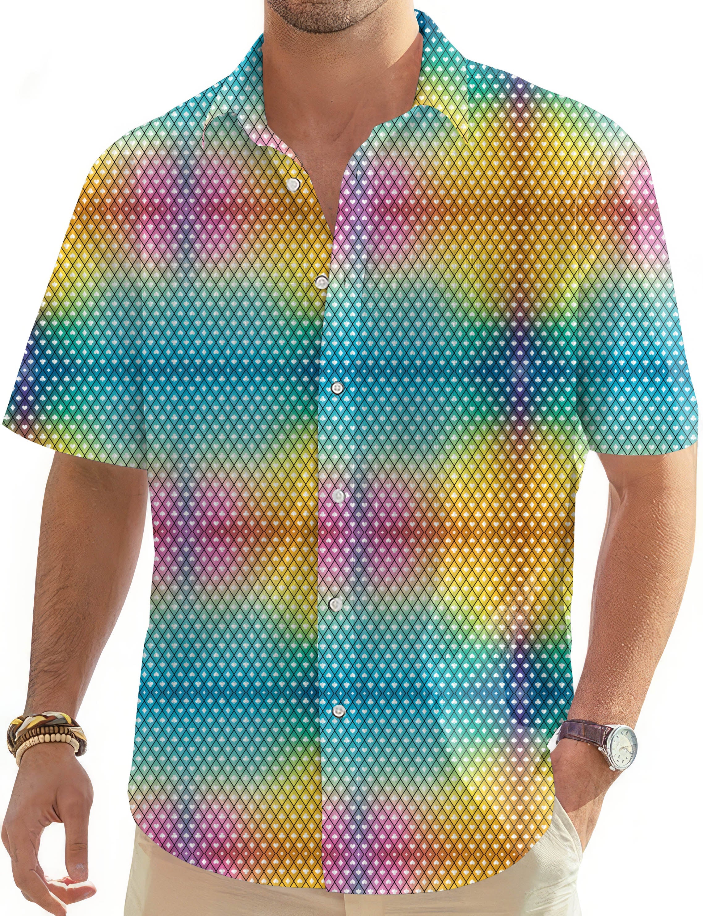 Men's poker-themed Hawaiian golf shirt with button-down and colorful pattern