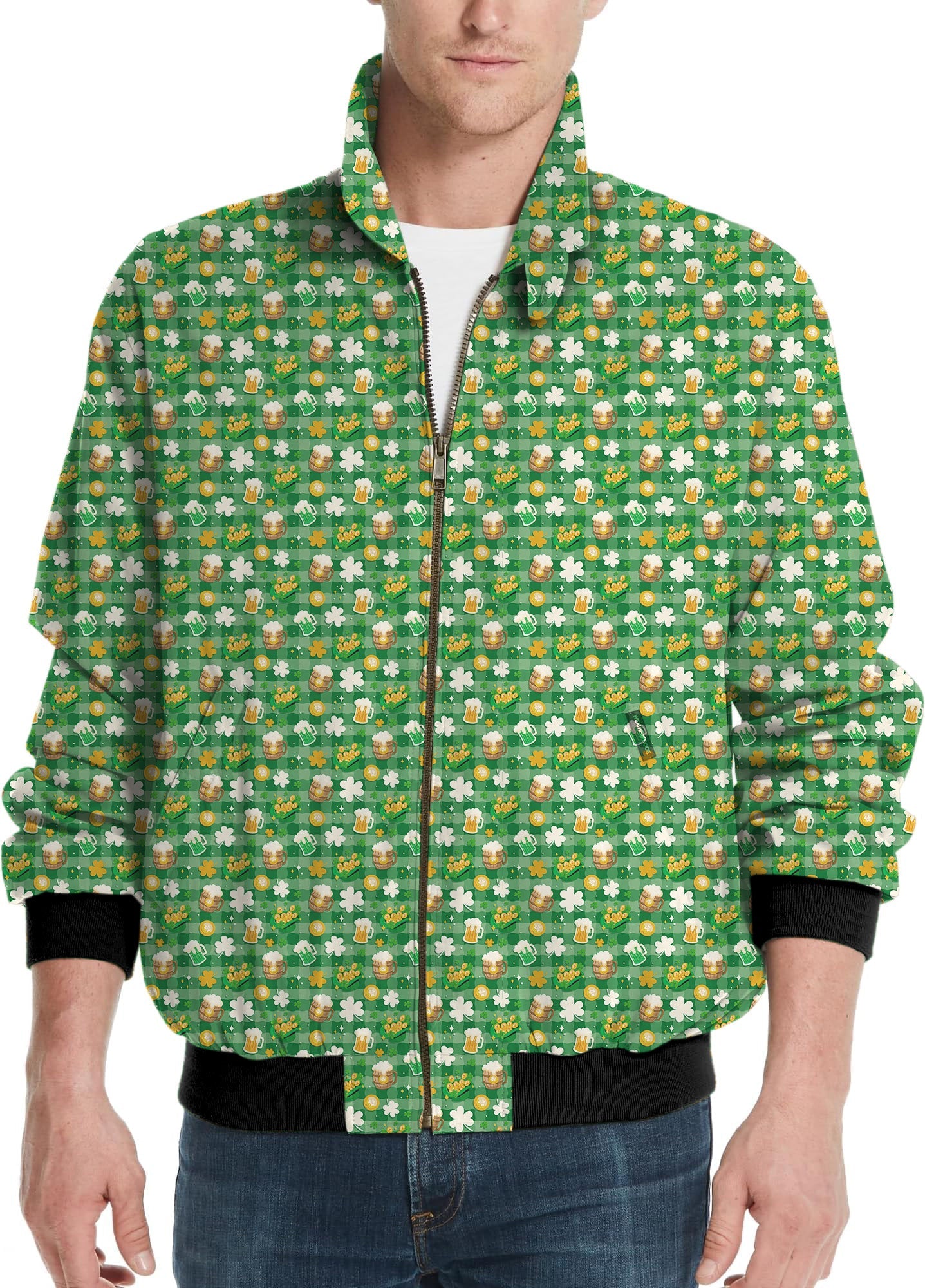 Men's golf windbreaker light jacket with green beer and clover leaf St. Patrick's Day design