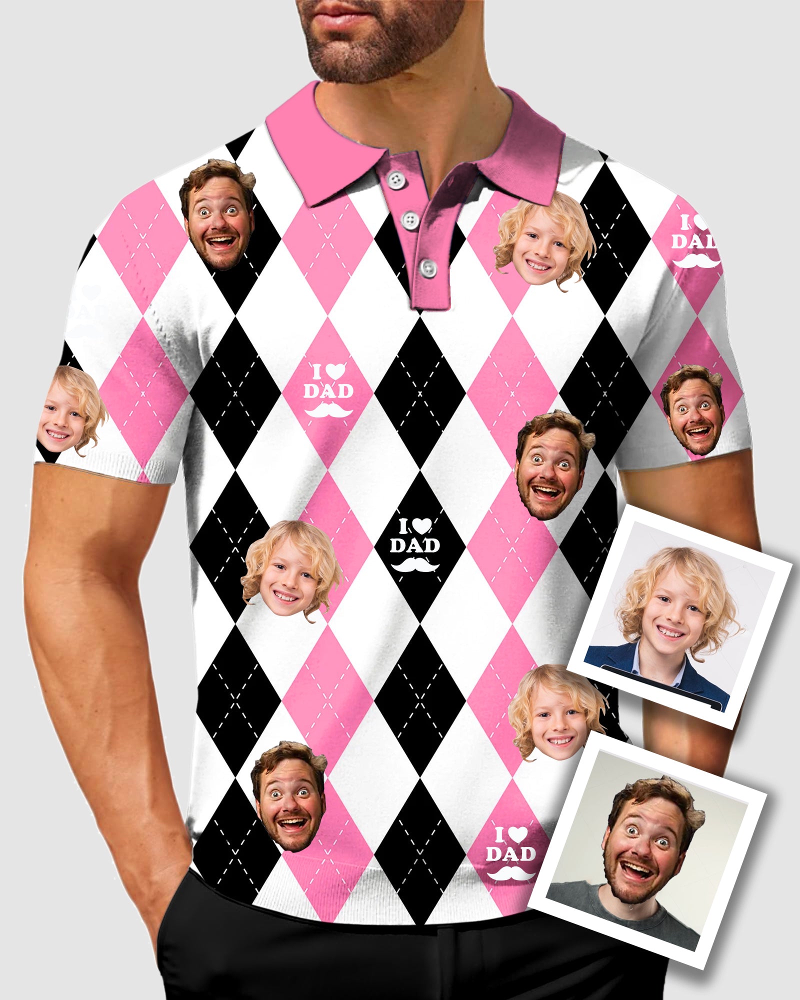 Men's To My Dad Custom Face Pink Black Argyle Men's Golf Polo Father's Day Gift Polo