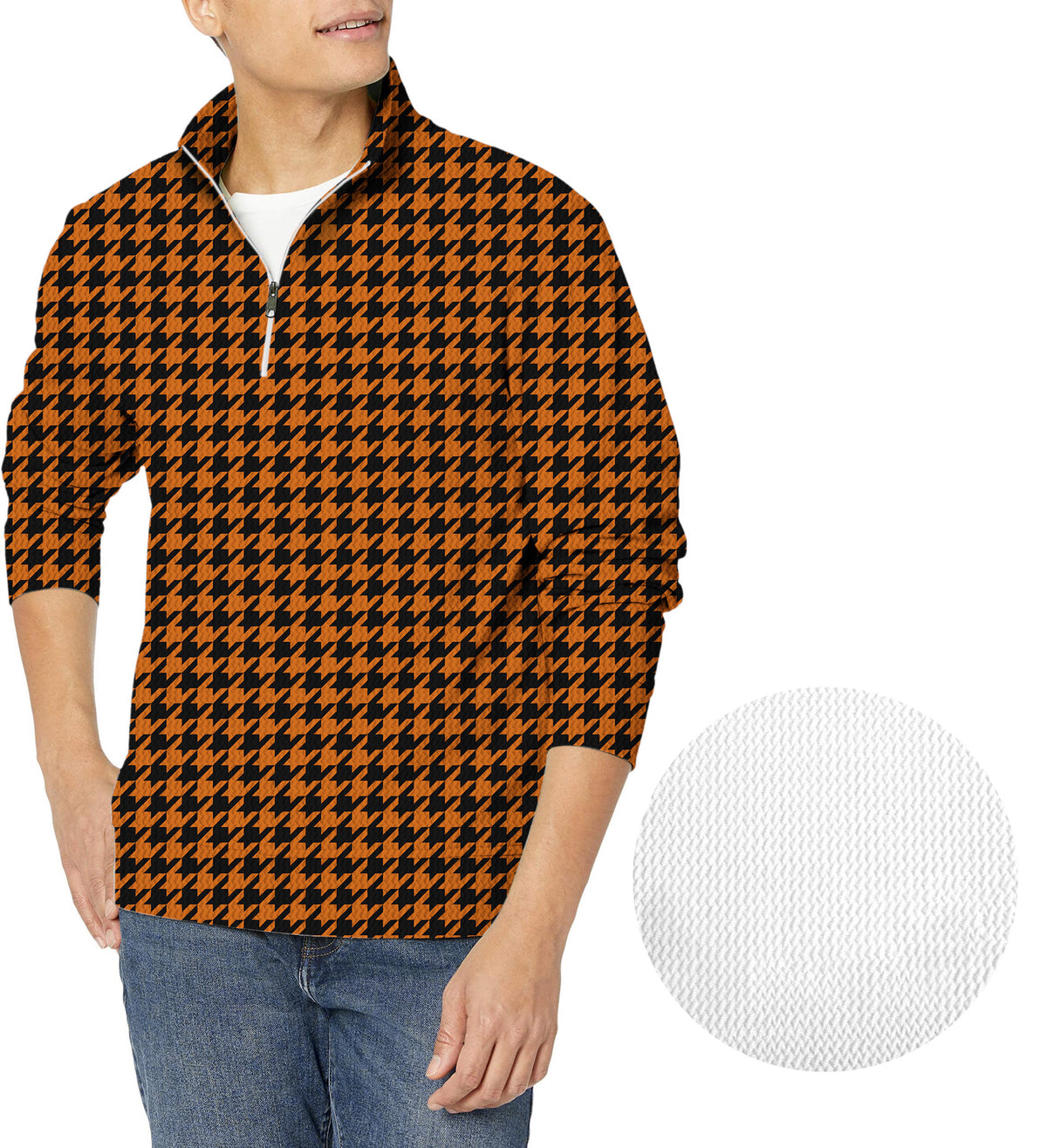 Halloween yellow and black houndstooth Men's Golf Waffle Zipper Pullover