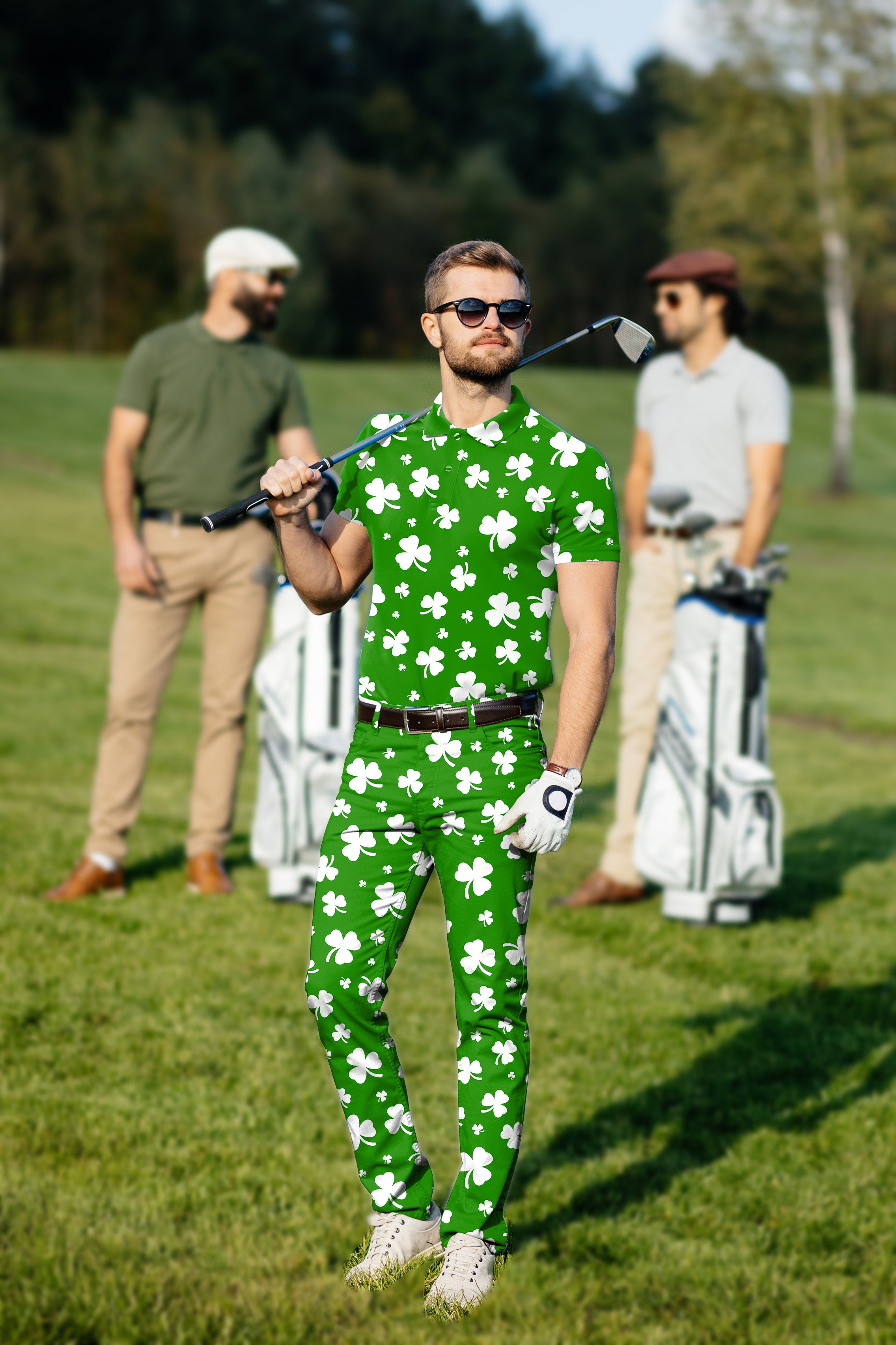 Men's golf set with green clover polo and pants for St. Patrick's Day, stretchy and wrinkle-resistant fabric