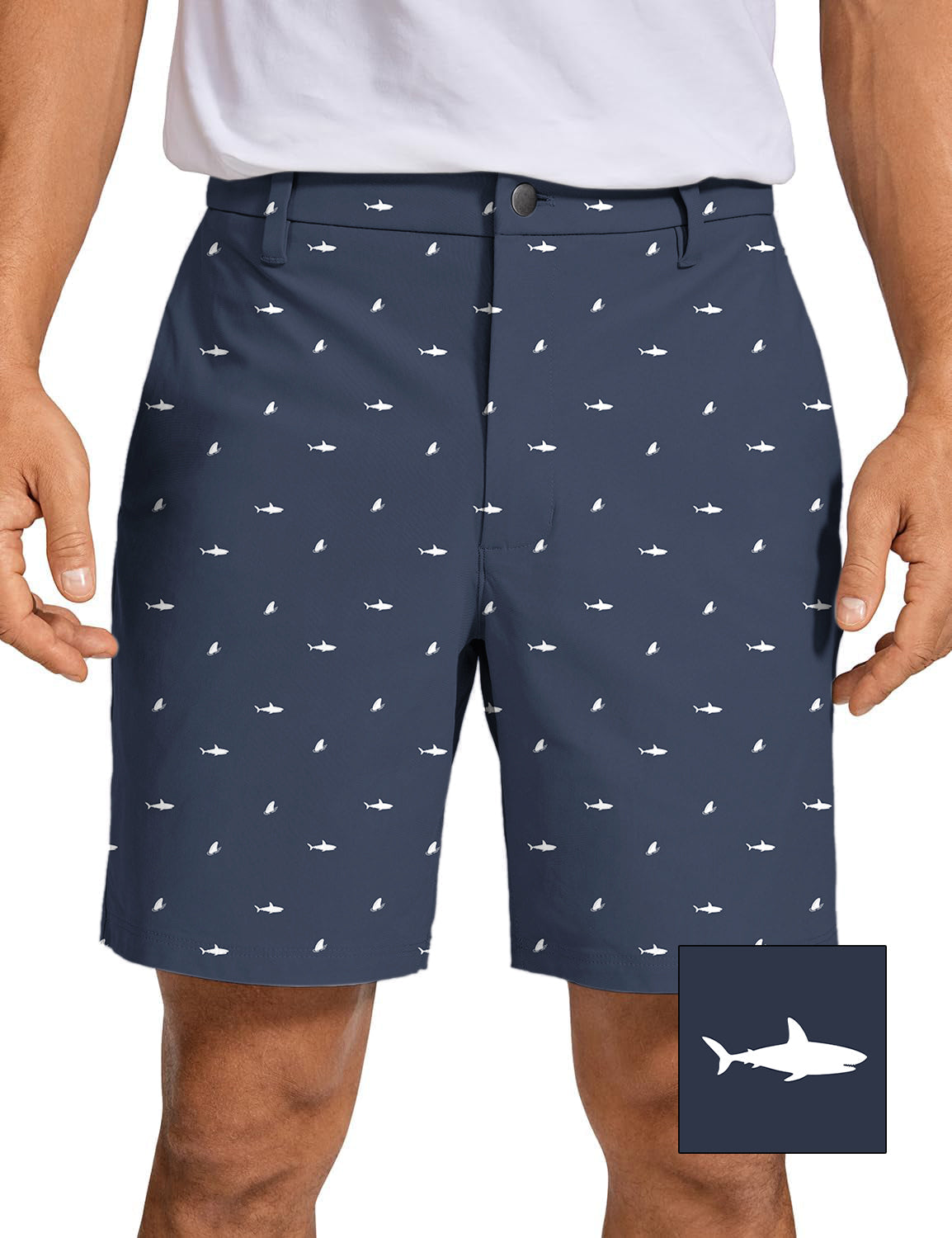 Men's white shark pattern navy blue golf shorts in lightweight, quick-dry fabric