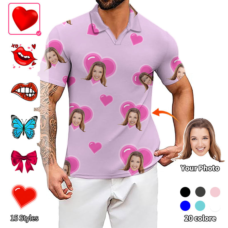 Valentine's Day men's custom photo purple V-neck golf polo shirt with hearts and faces design