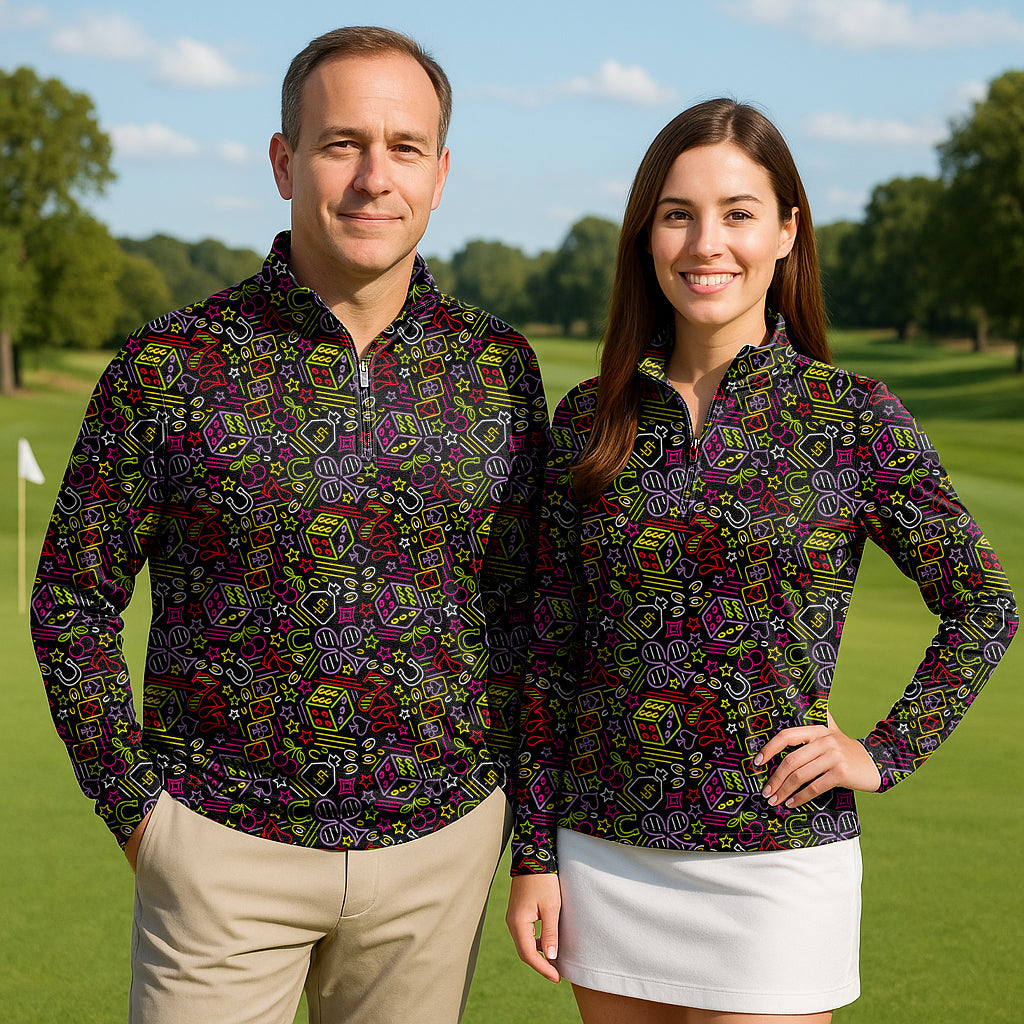 Couple wearing Dice Poker Couple Golf active 3/4 zip tops with colorful dice and poker print on golf course