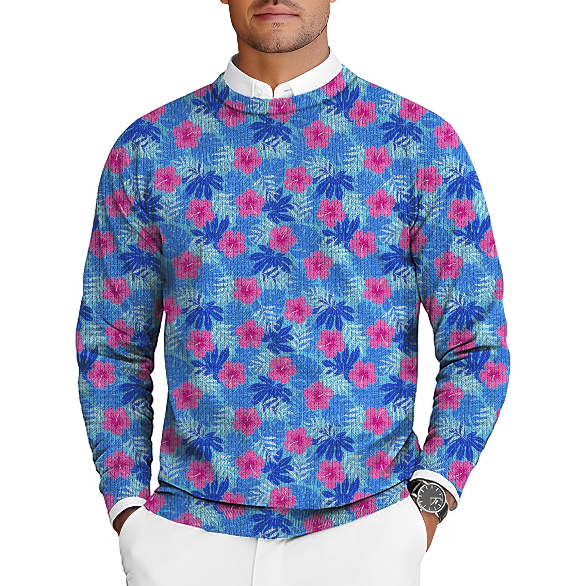 Vivid Bloom flower men's golf crewneck pullover sweater with bright floral pattern