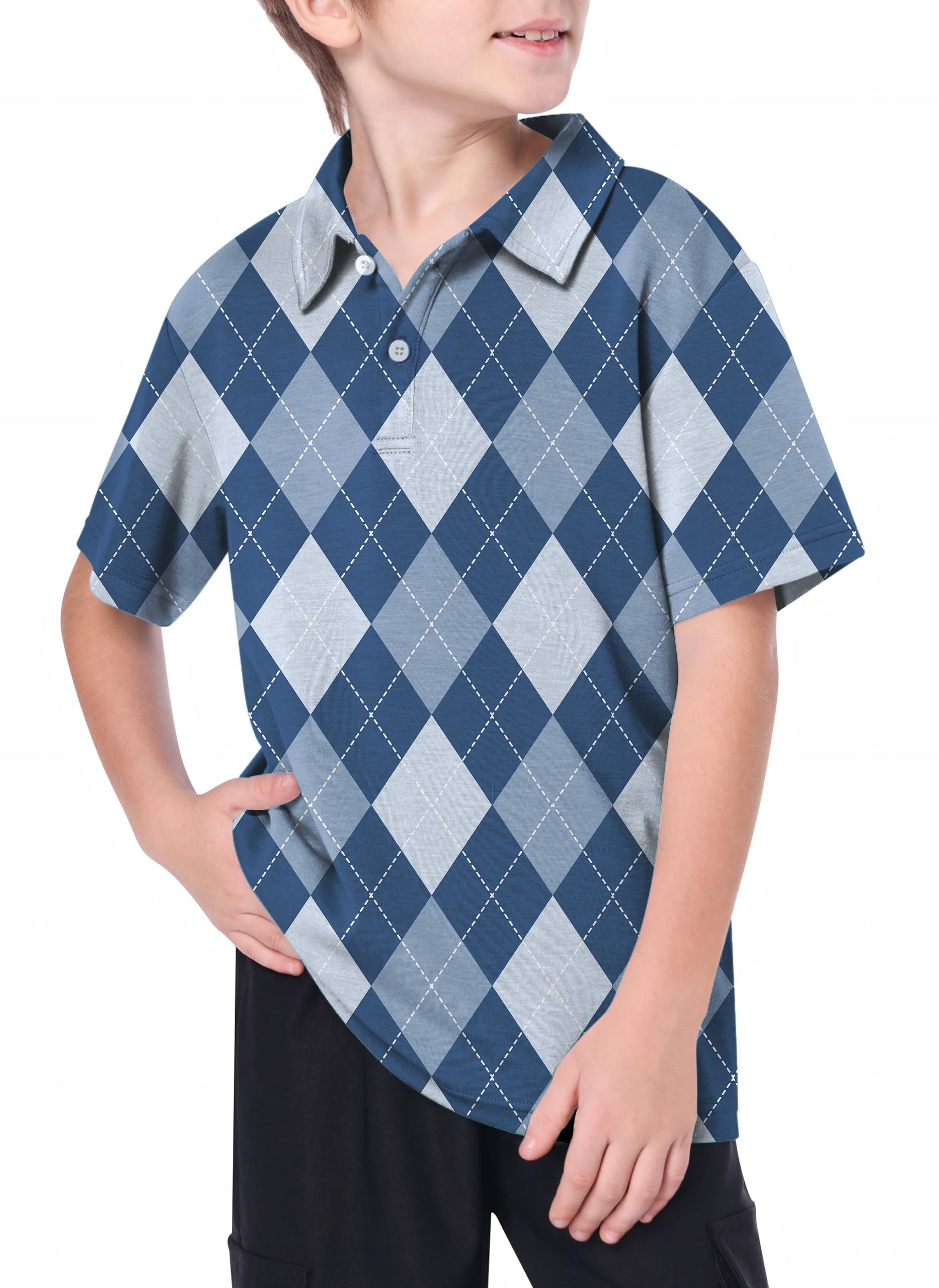 Youth blue Argyle golf polo shirt for kids with 4-way stretch and moisture-wicking fabric