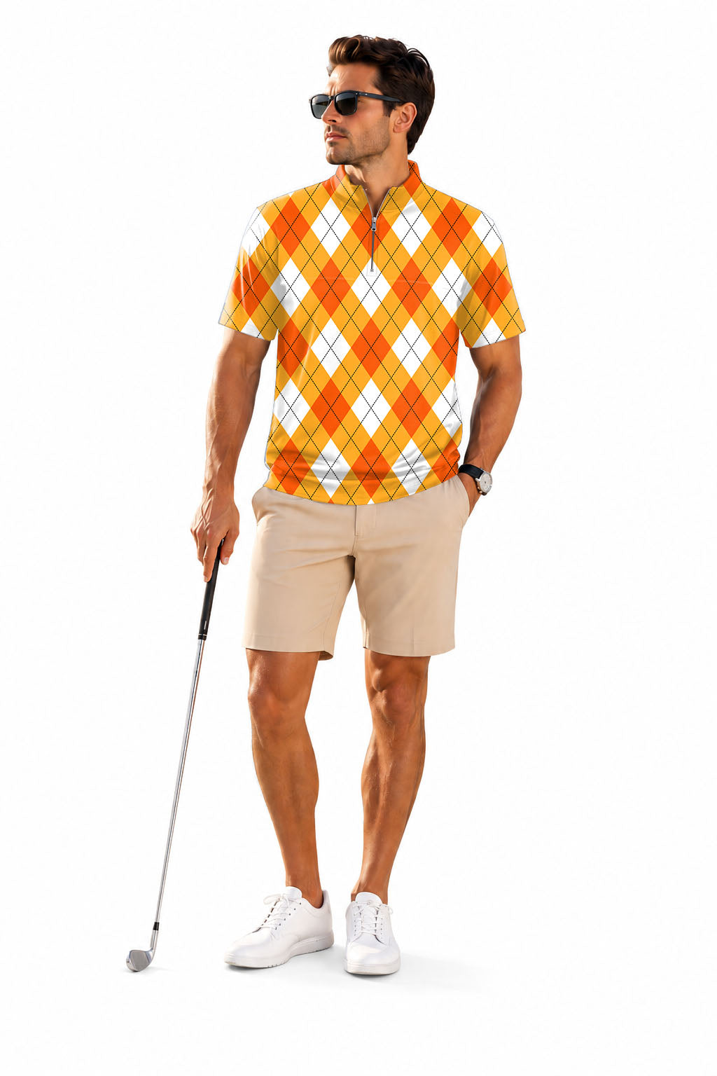 Men's Short Sleeve Quarter Zip Golf Pullover Halloween Cross Orange White Argyle Embroidery