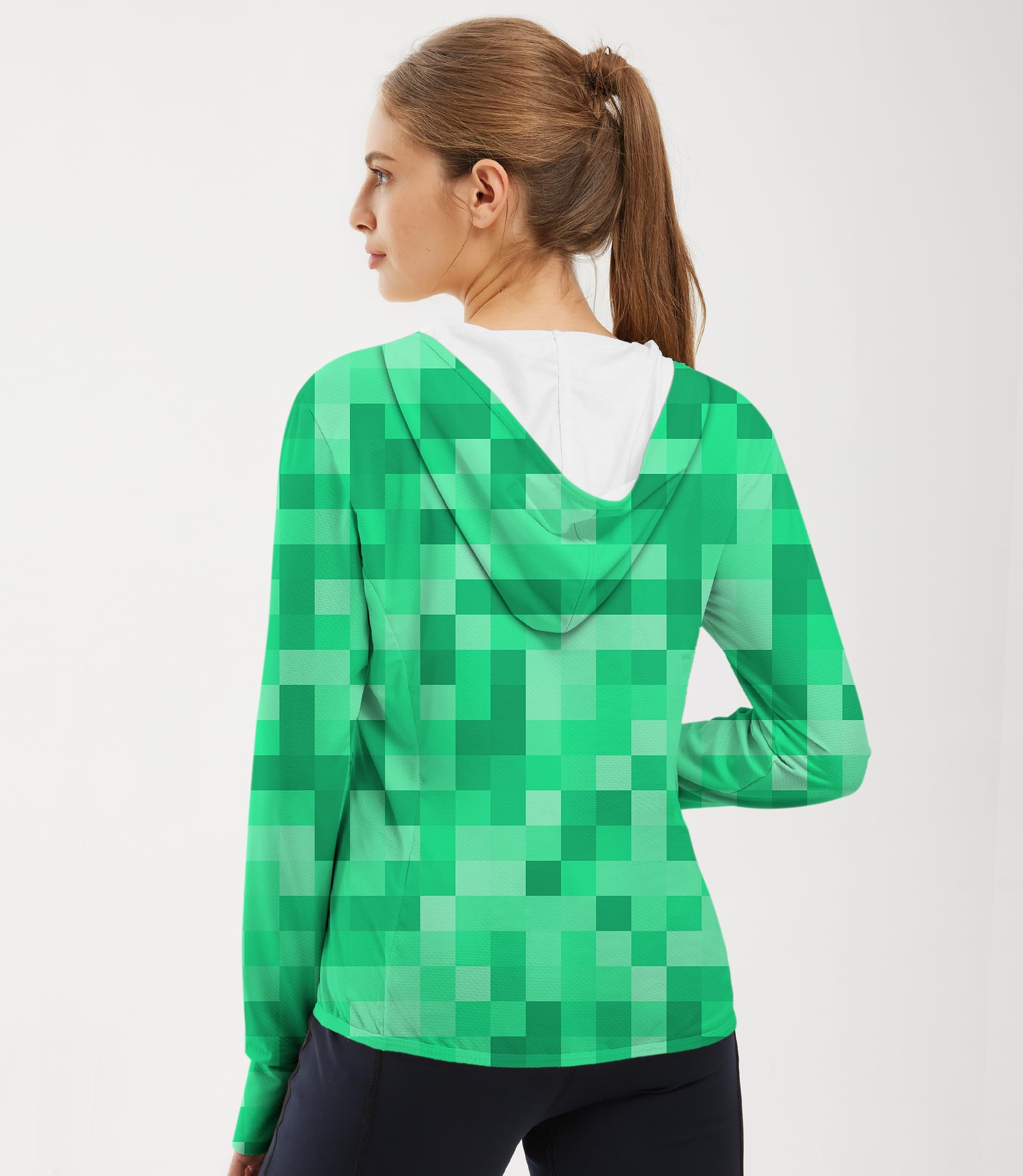 Women's outdoor green pixel patterned big golf sun protection slim fit zip hoodie with moisture-wicking breathable fabric and thumb holes.