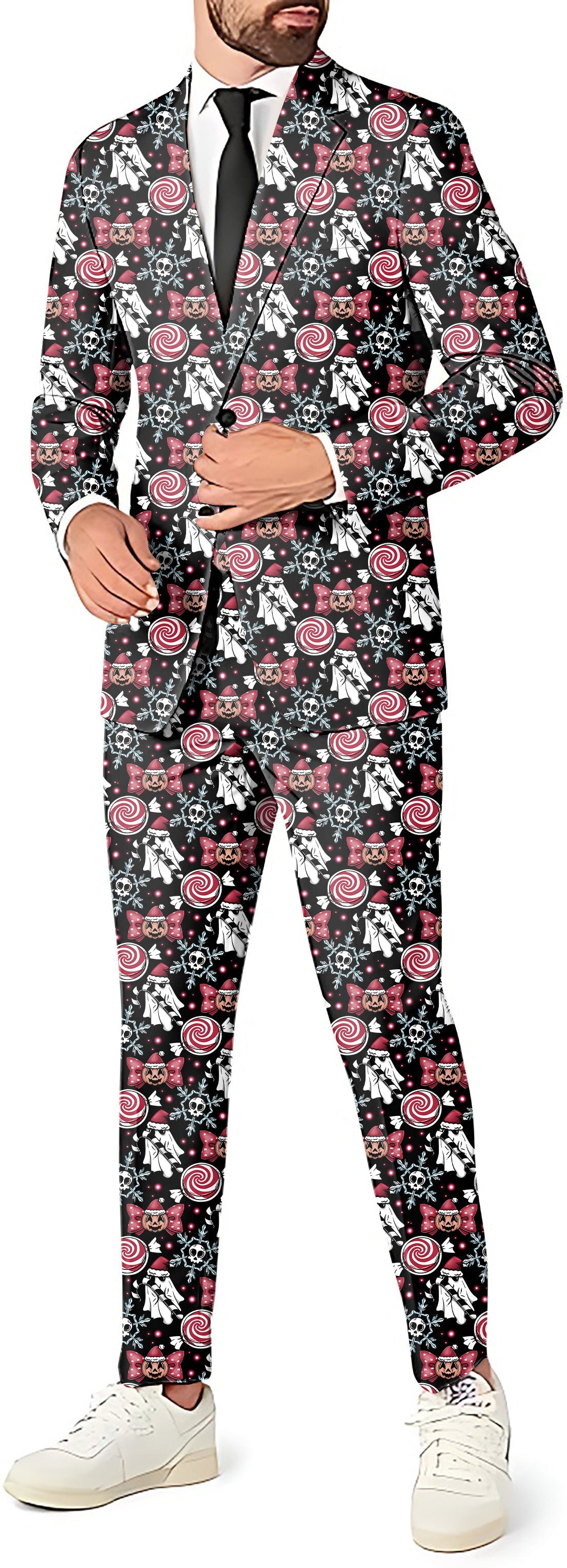 Halloween Christmas men's party suit set with blazer, pants, and vest in festive print