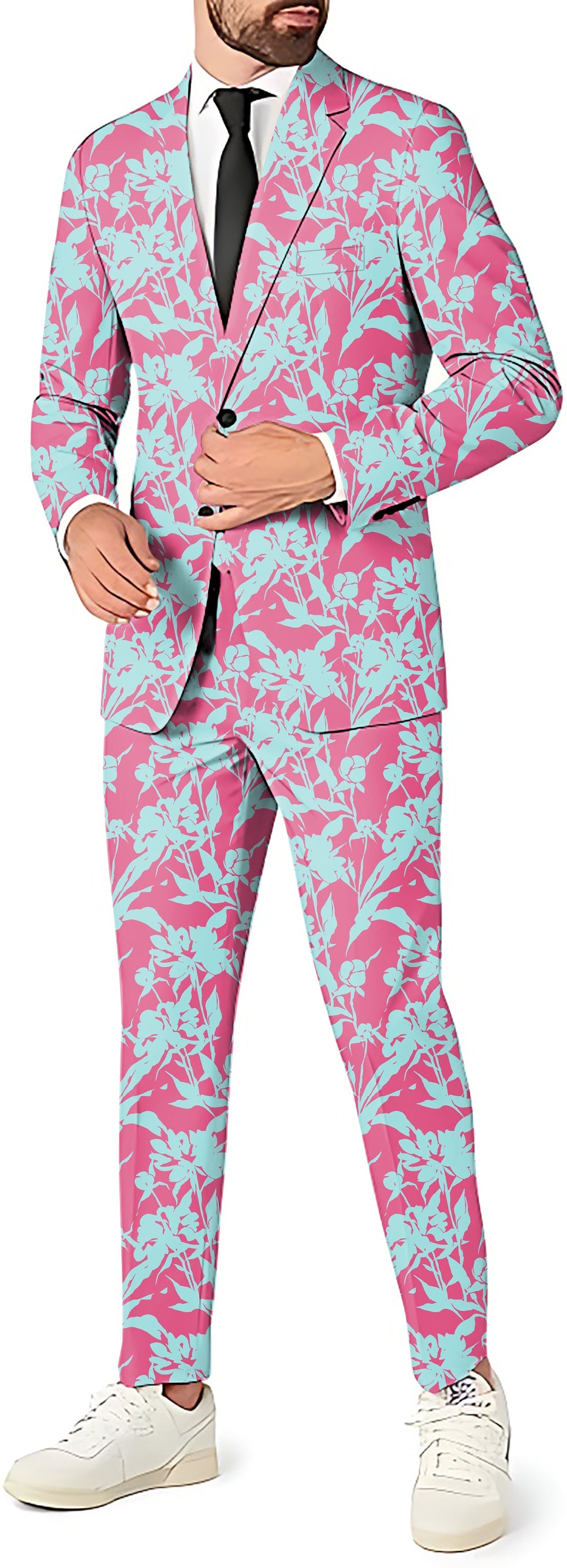 Blue botanical men's 3-piece party suit set with blazer, pants, and vest in slim fit design