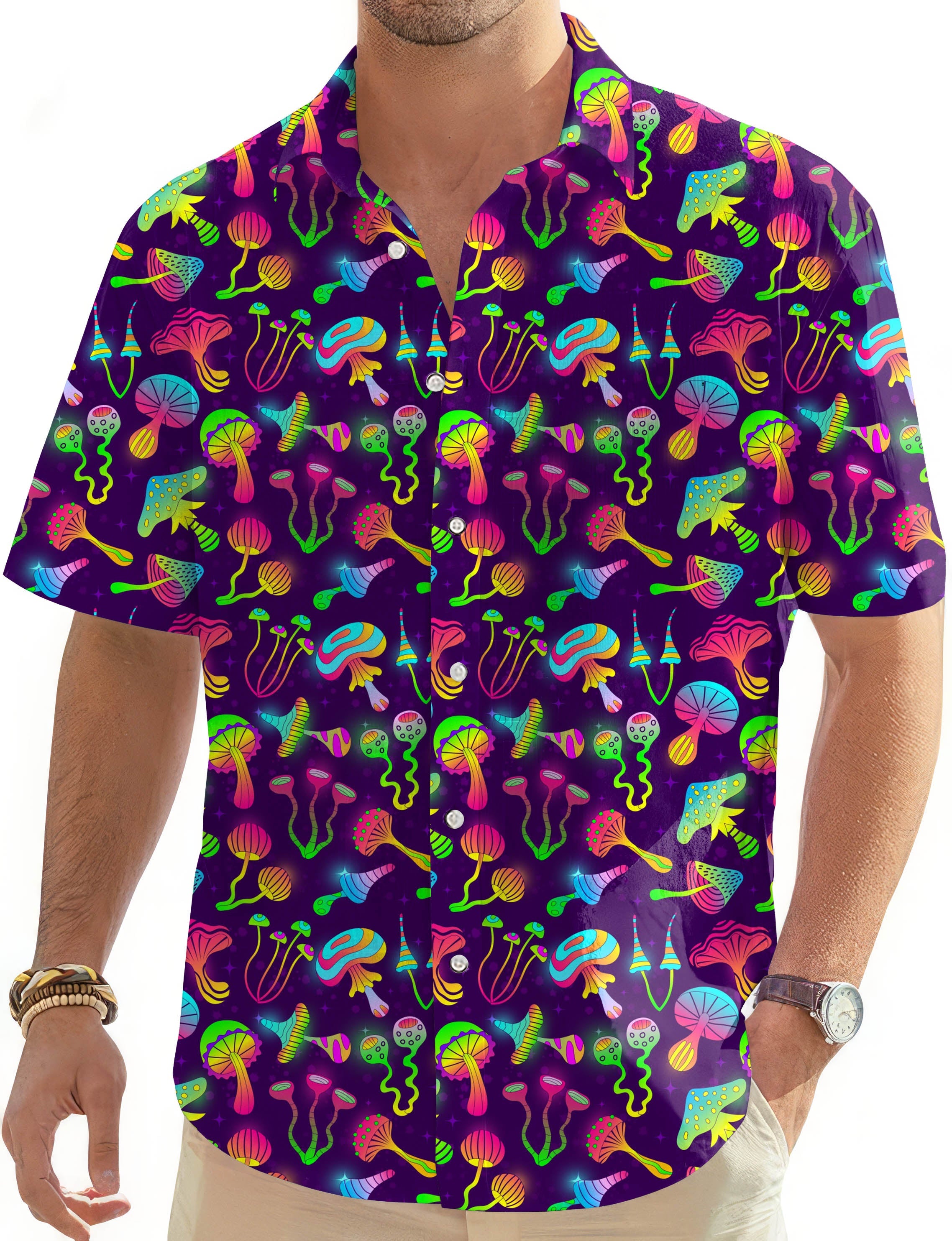 Men's neon mushroom print Hawaiian golf shirt with button-down front and short sleeves