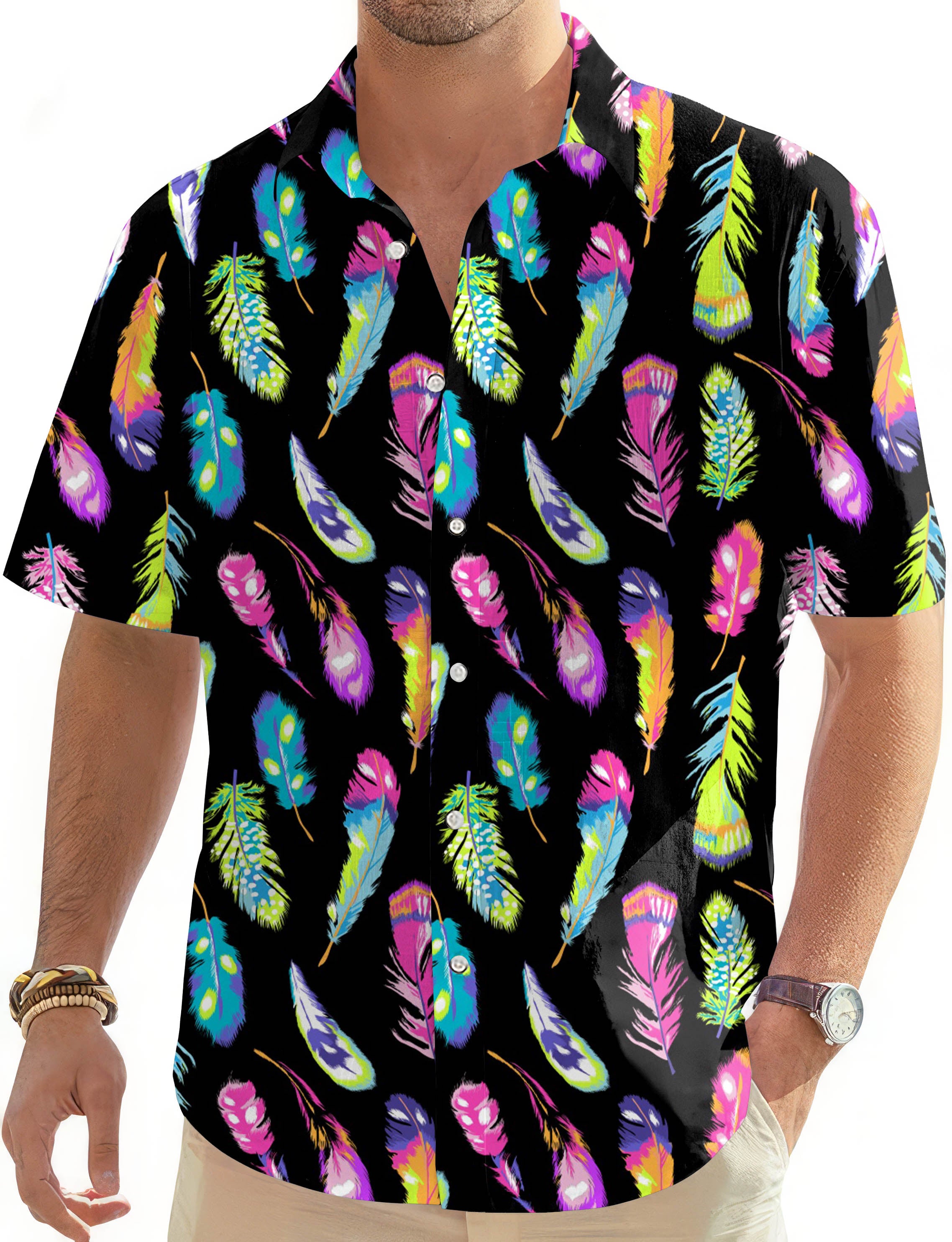 Colorful feathers-Men's Golf Hawaiian Shirts Button Down Shirt