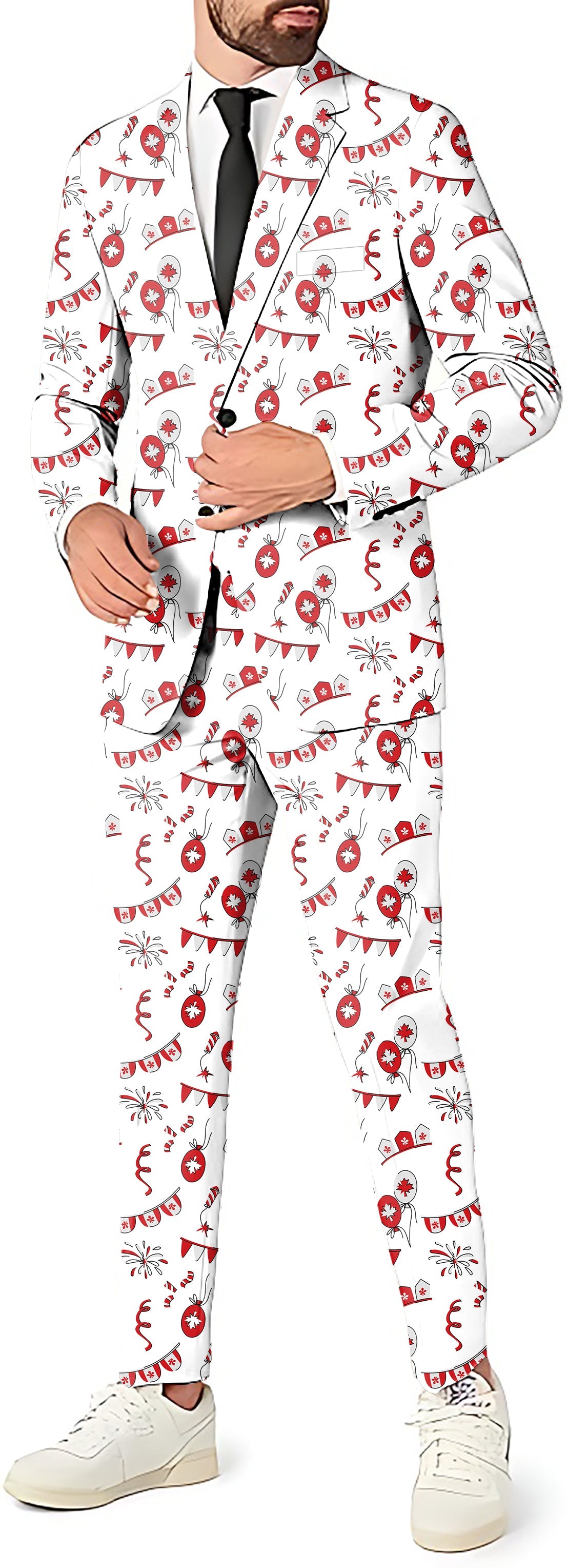 Canadian Flag Celebration men's suit with blazer, pants, and vest featuring maple leaf and flag pattern for theme parties