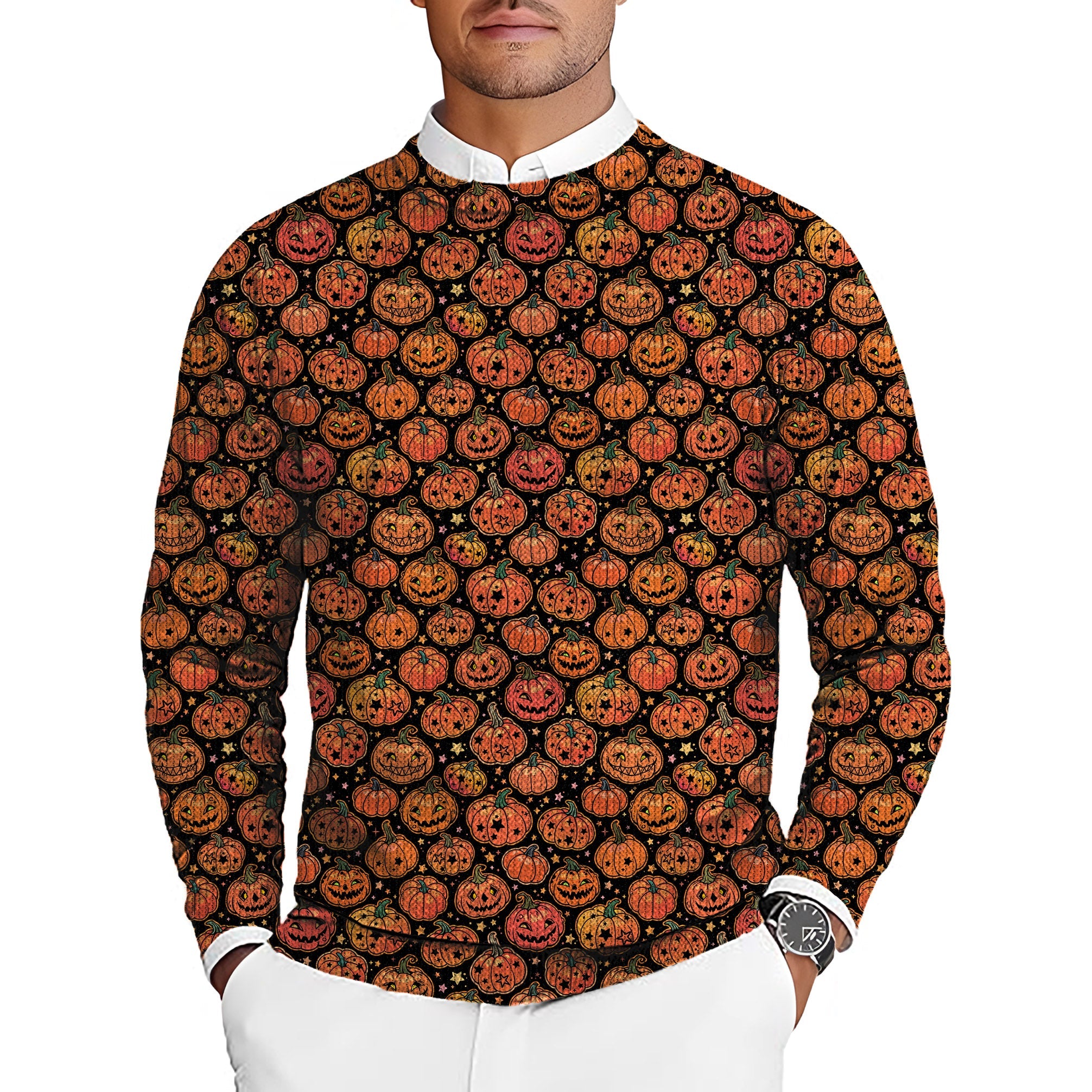 Men's Halloween Star Pumpkin Bones golf crewneck pullover sweater with pumpkin pattern