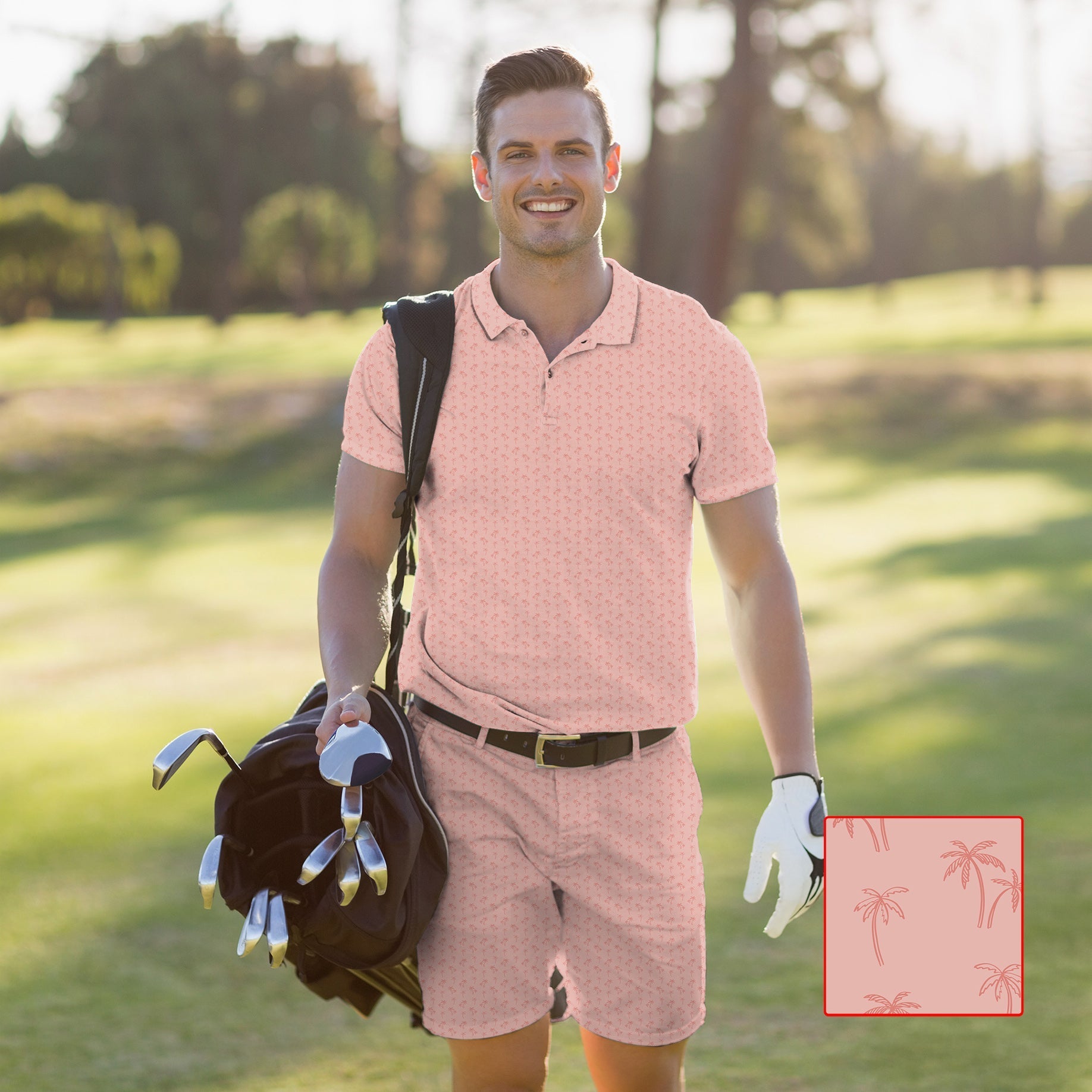 Men's golf set with pink coconut tree print polo and shorts, moisture-wicking and UPF 40+ fabric, classic fit for sporty business casual look