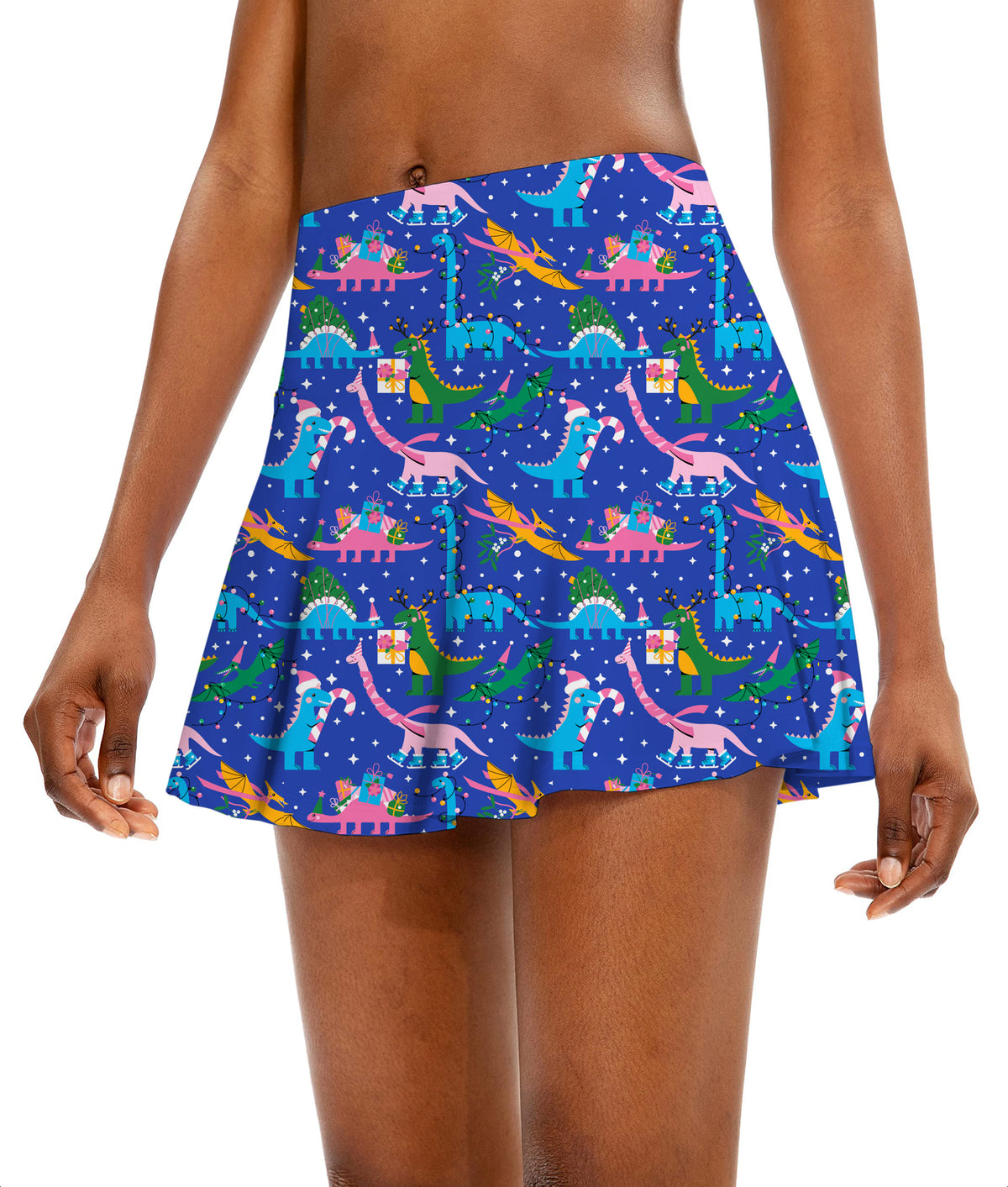 Christmas Dinosaur Women's Athletic Golf Skorts Flared Skirts