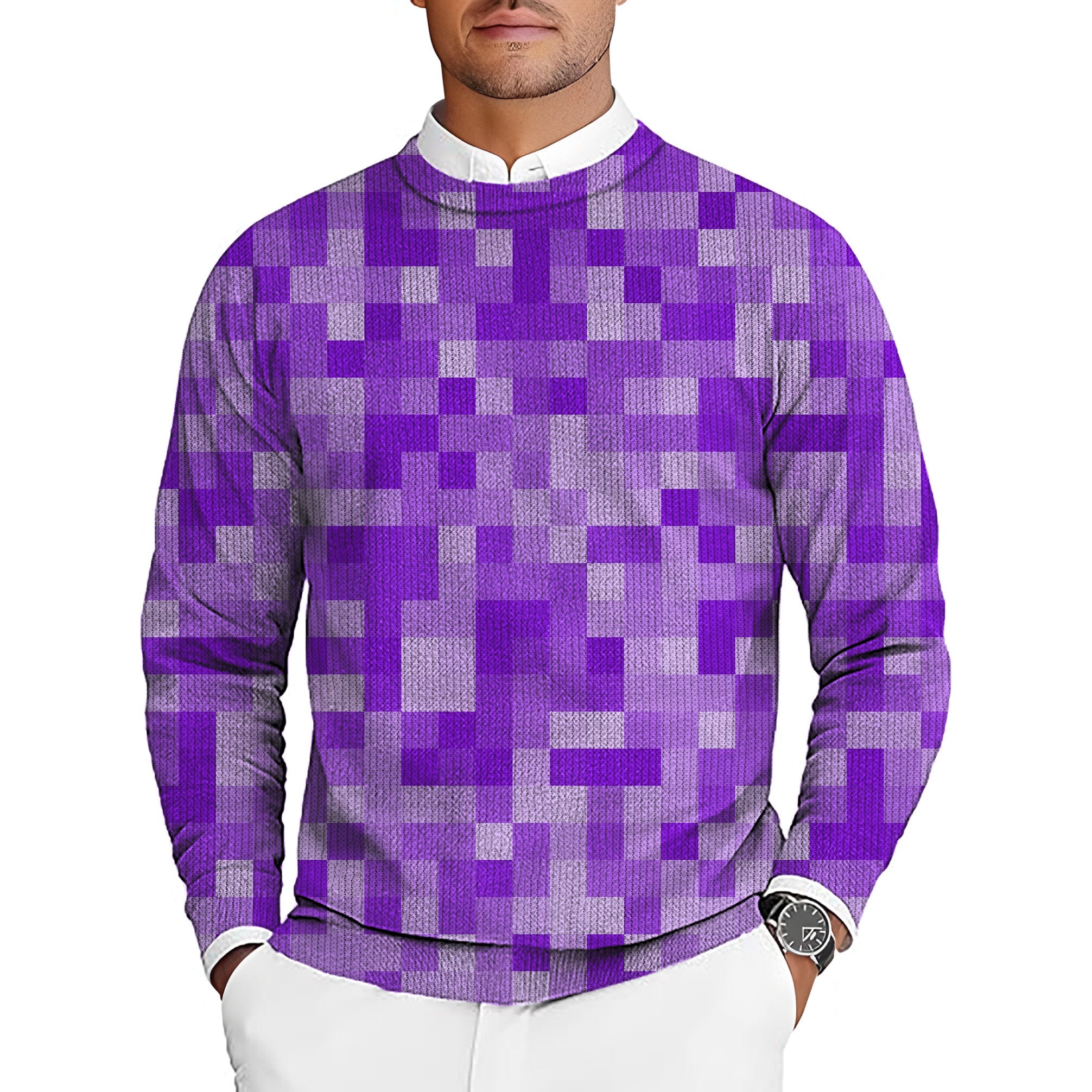 Purple Pixel Big Men's Golf crewneck pullover sweater with pixelated purple design