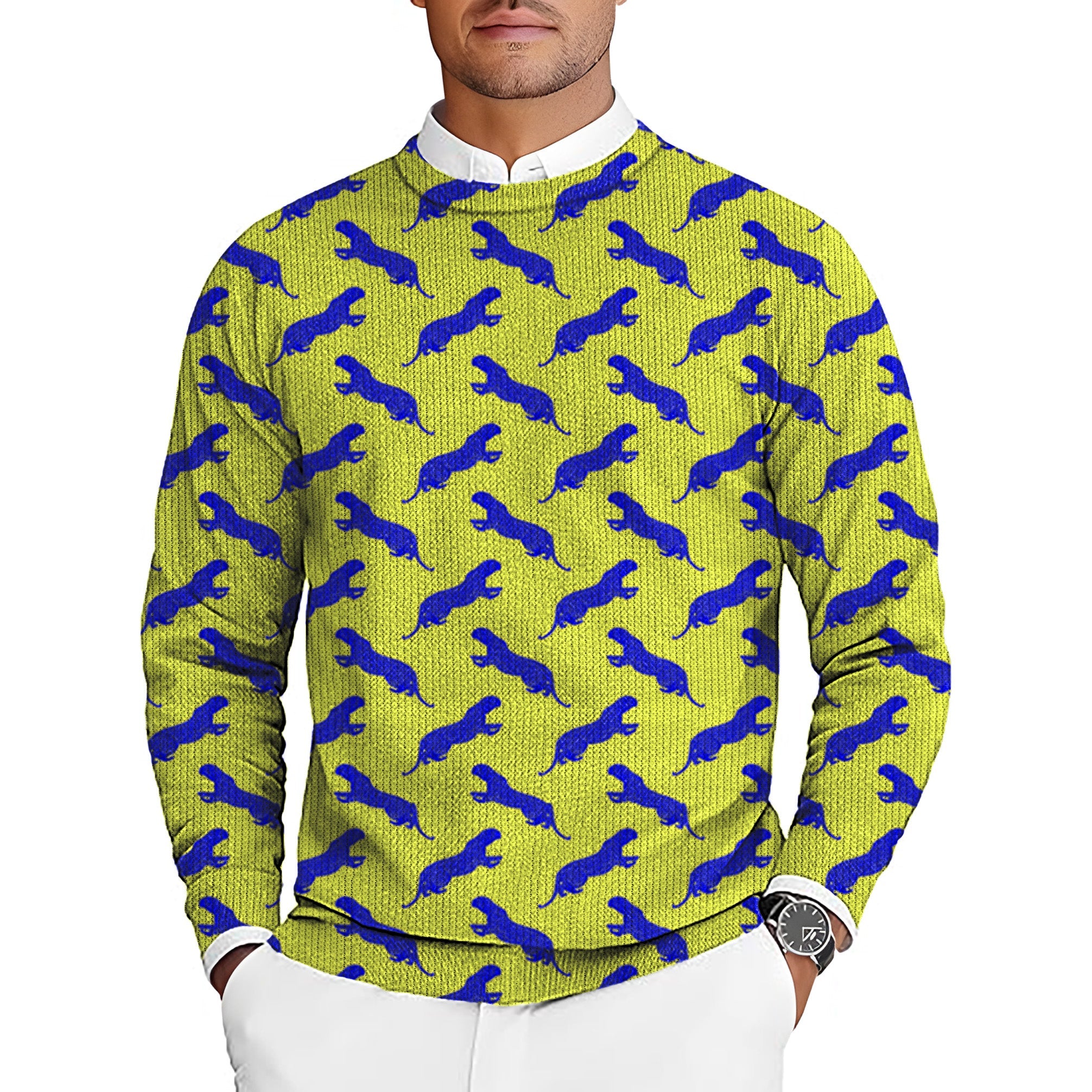 blue leopard men's golf crewneck pullover sweater with custom design options