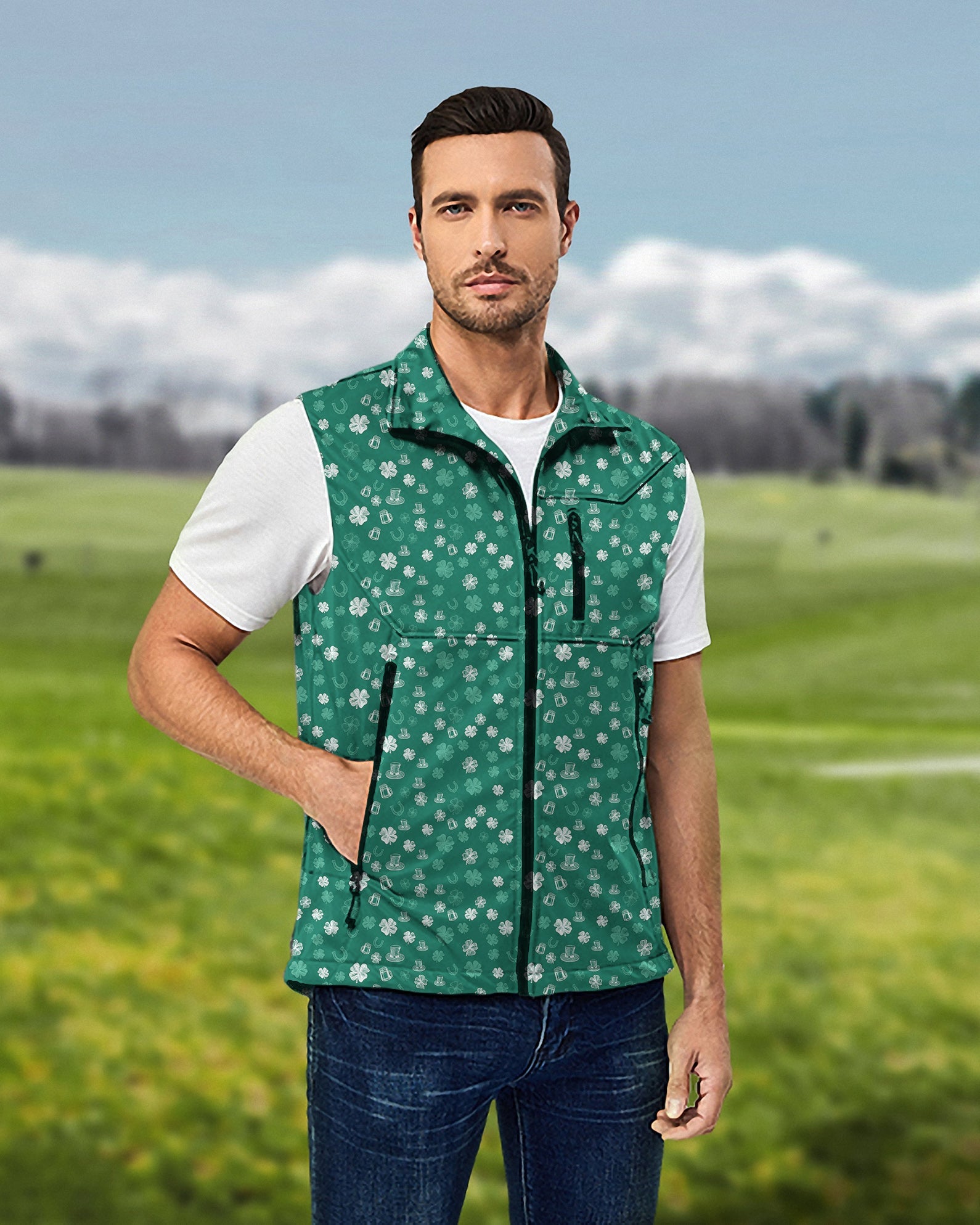 Men's green St. Patrick's Day lightweight softshell vest sleeveless jacket with clover leaf pattern for golf, windproof and waterproof