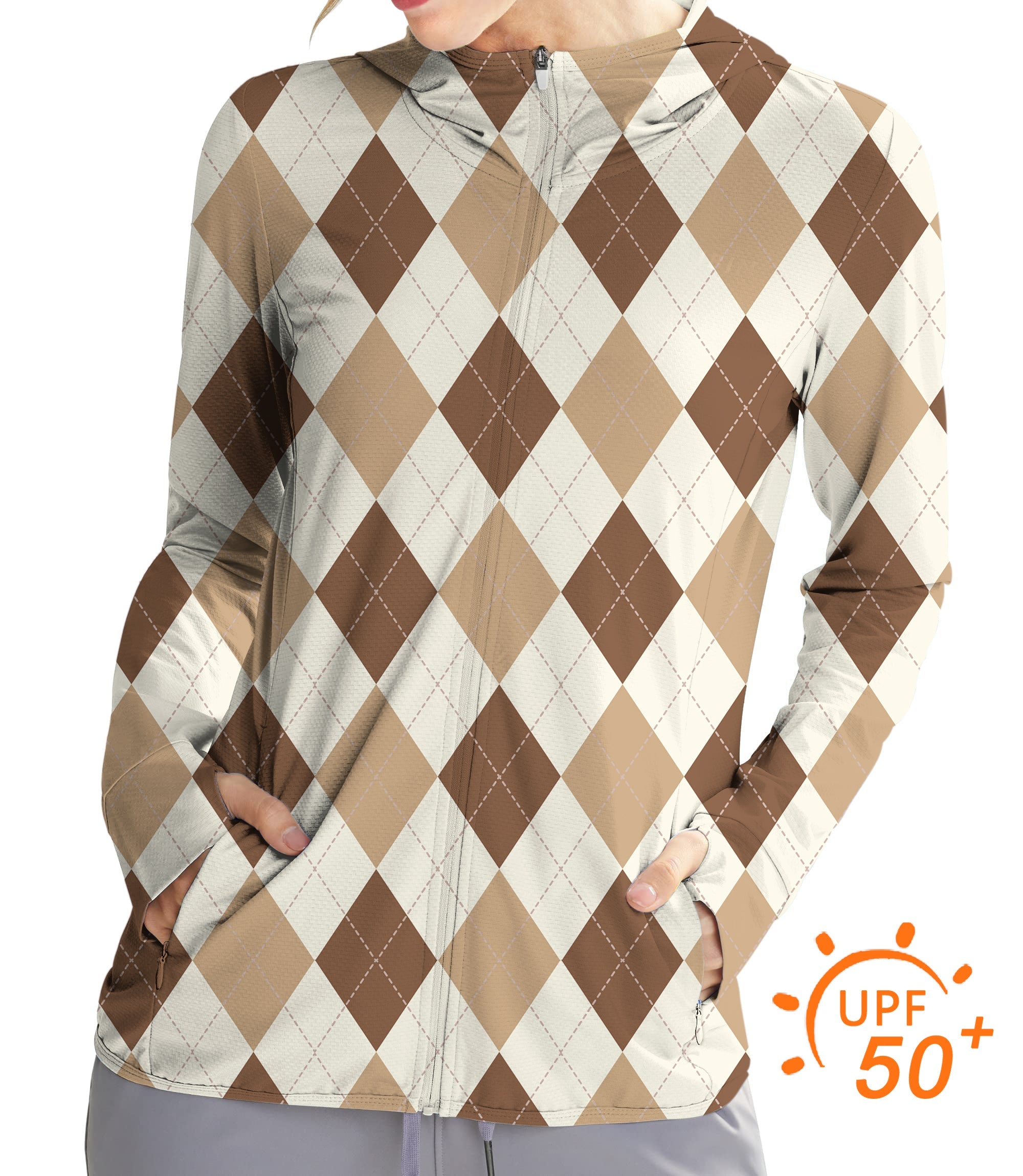 Women's outdoor brown argyle zip hoodie with UPF 50+ sun protection and slim fit design