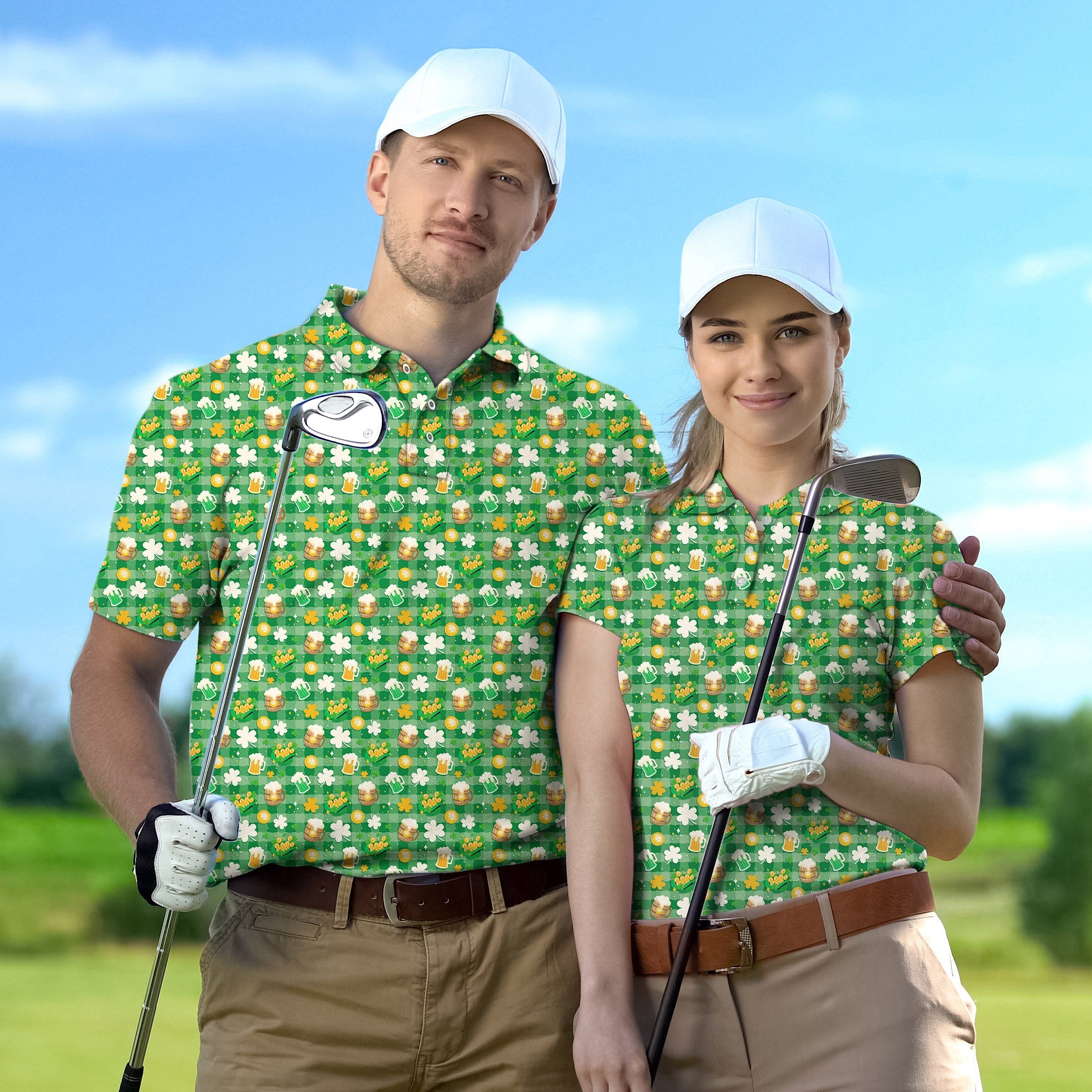 Couple wearing green St. Patrick's Day themed golf polos with beer and clover leaf patterns playing golf outdoors