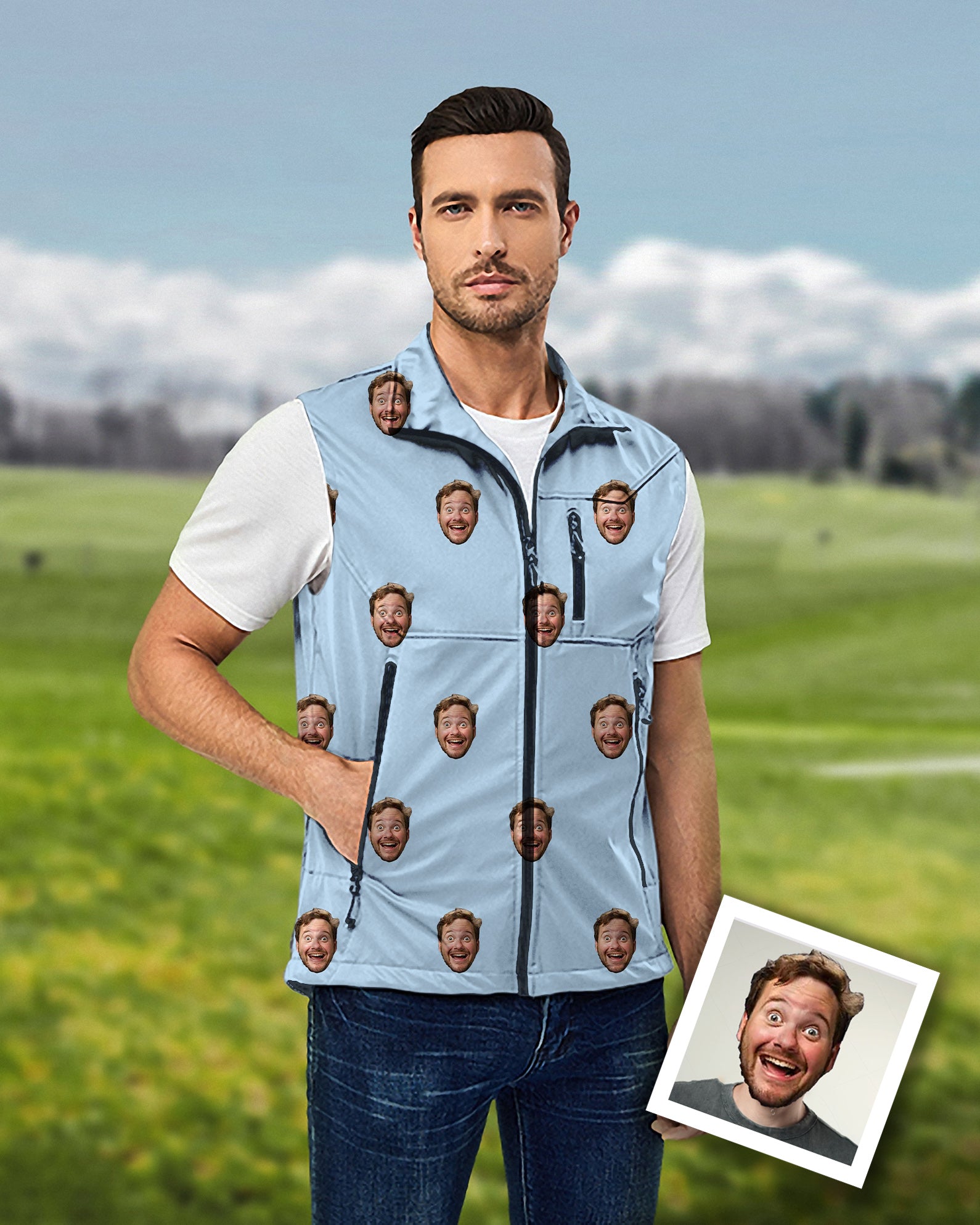Men's Custom Photo Funny Face Lightweight Softshell Vest Sleeveless Jacket for Golf Windproof Waterproof