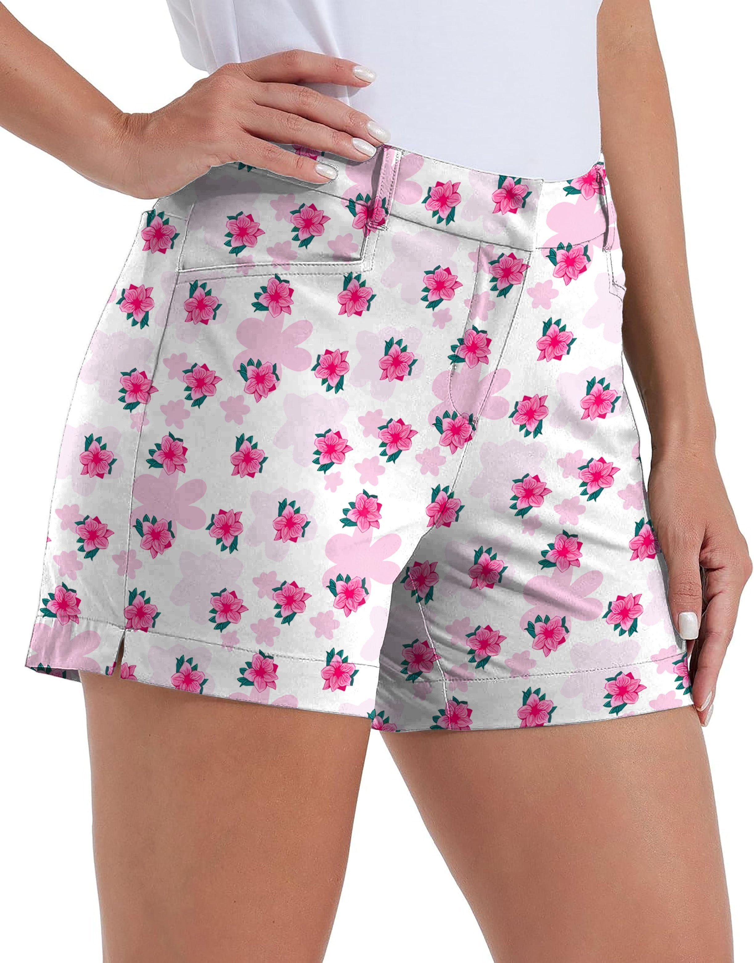 Azalea Elegance women's quick-drying floral golf shorts with pockets and waterproof fabric