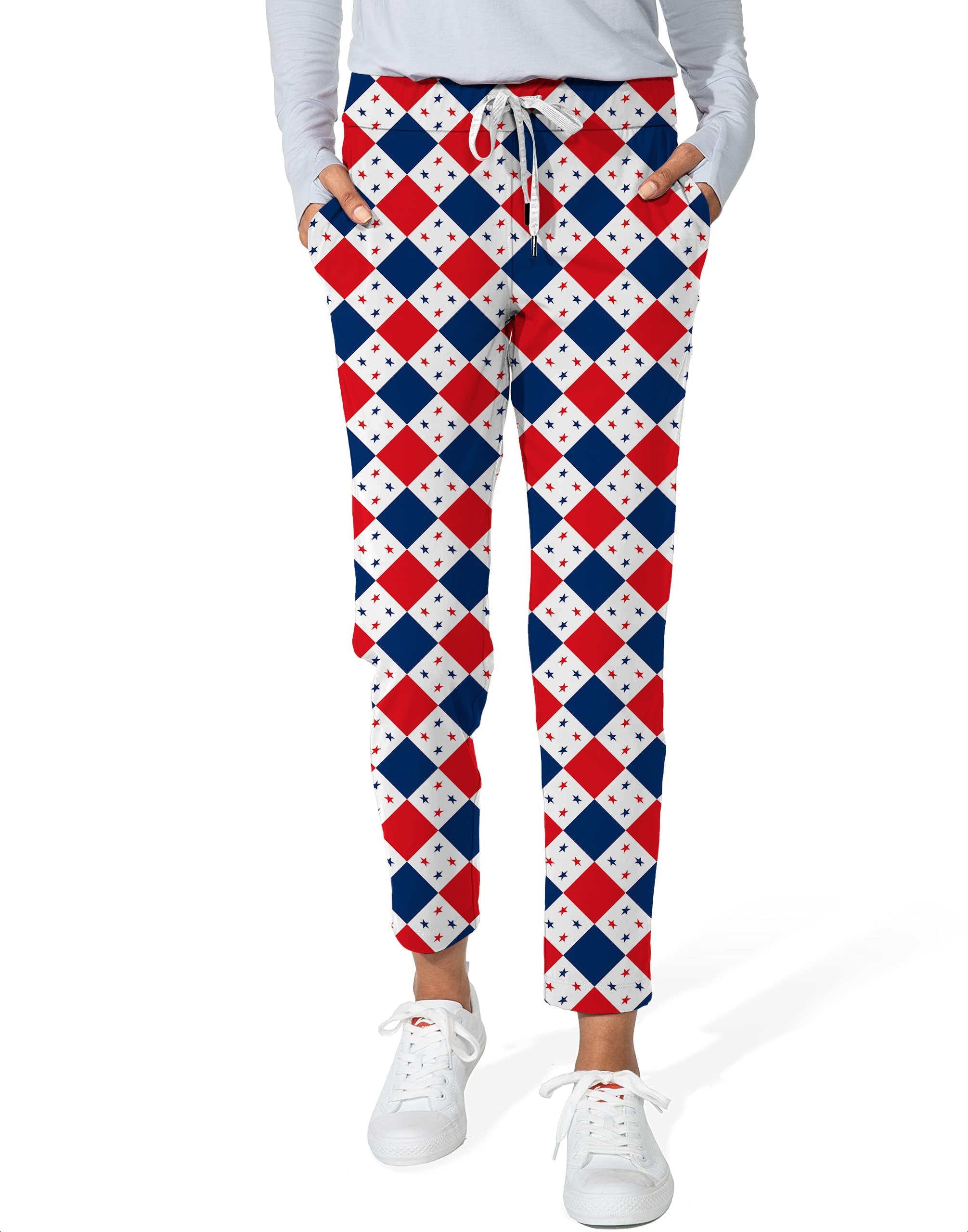 Women's Argyle US Star stretch ankle golf pants in red, white, and blue pattern