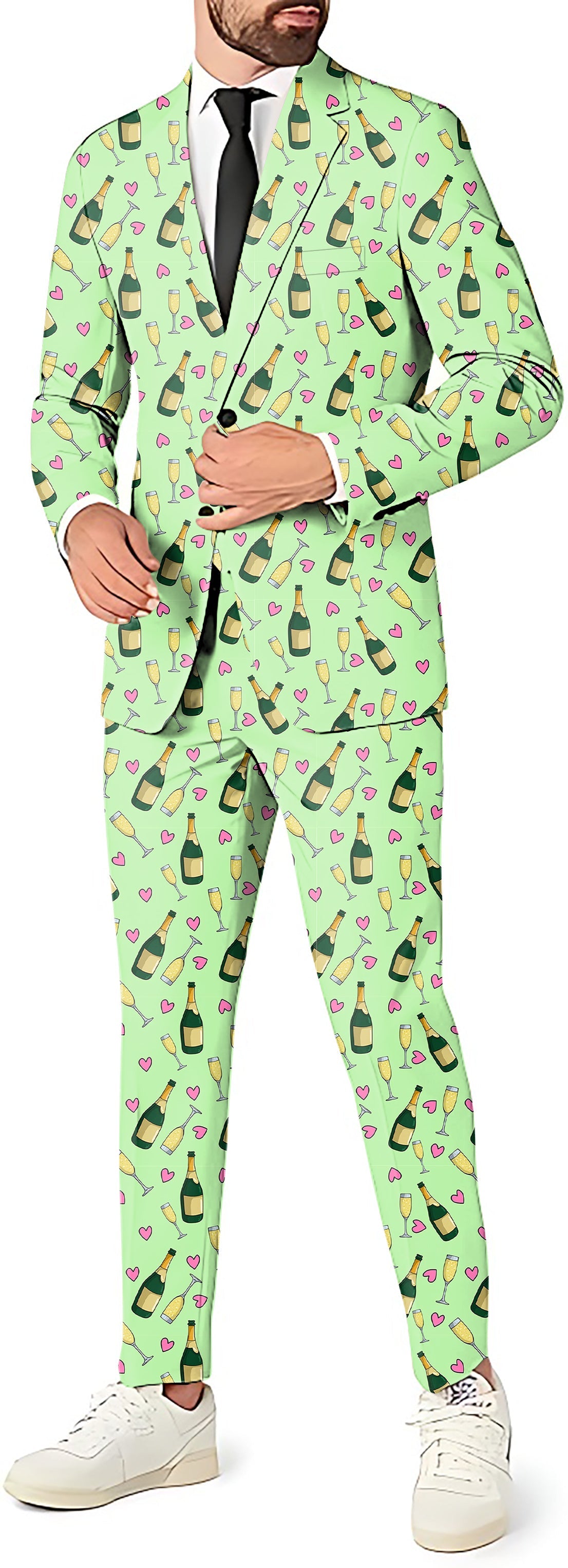 Friday Feeling men's mint green party suit with champagne and cocktail print, blazer, pants, and vest set