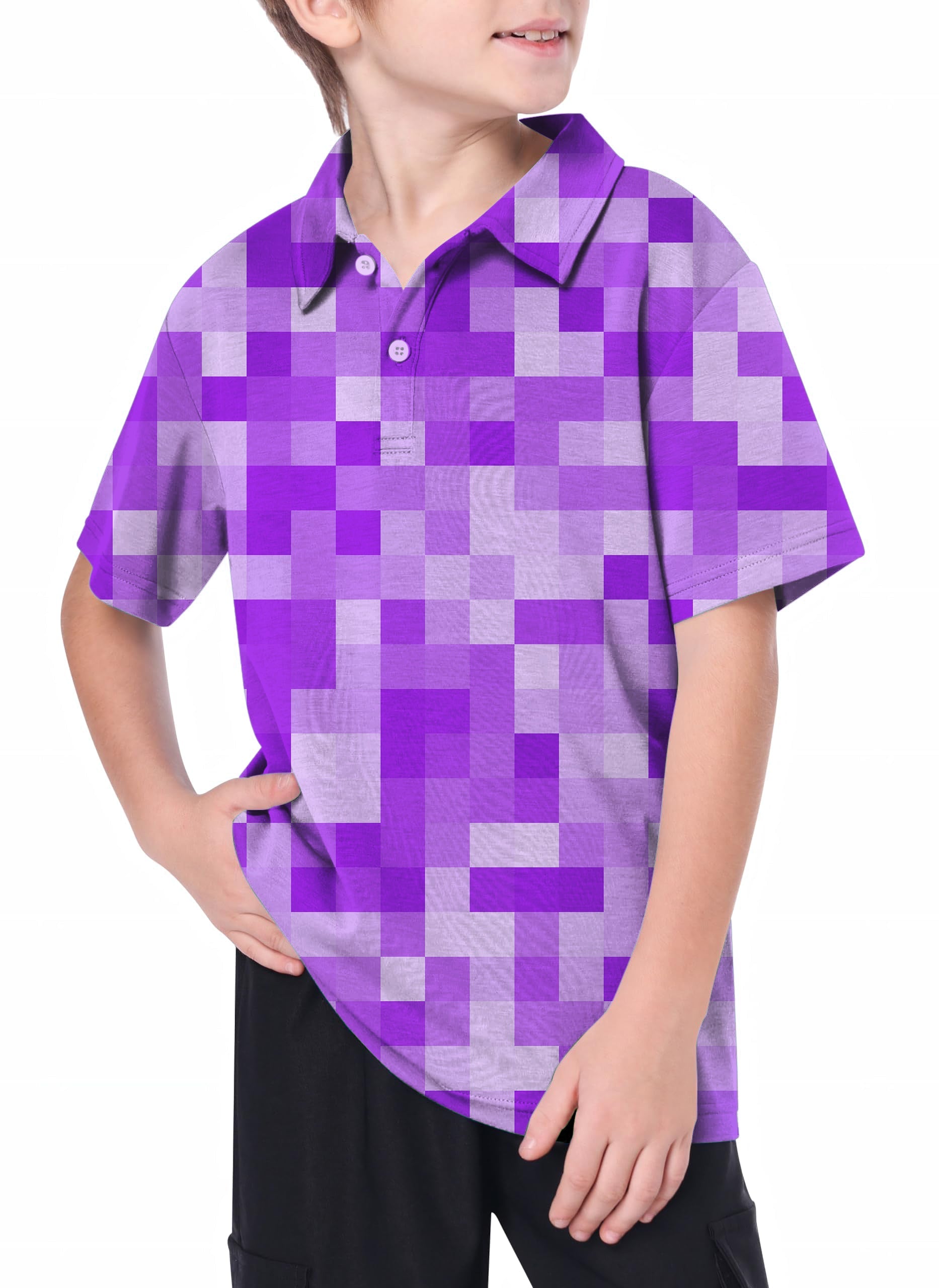 Youth Purple Pixel big golf polo shirt with 4-way stretch and moisture-wicking fabric for kids
