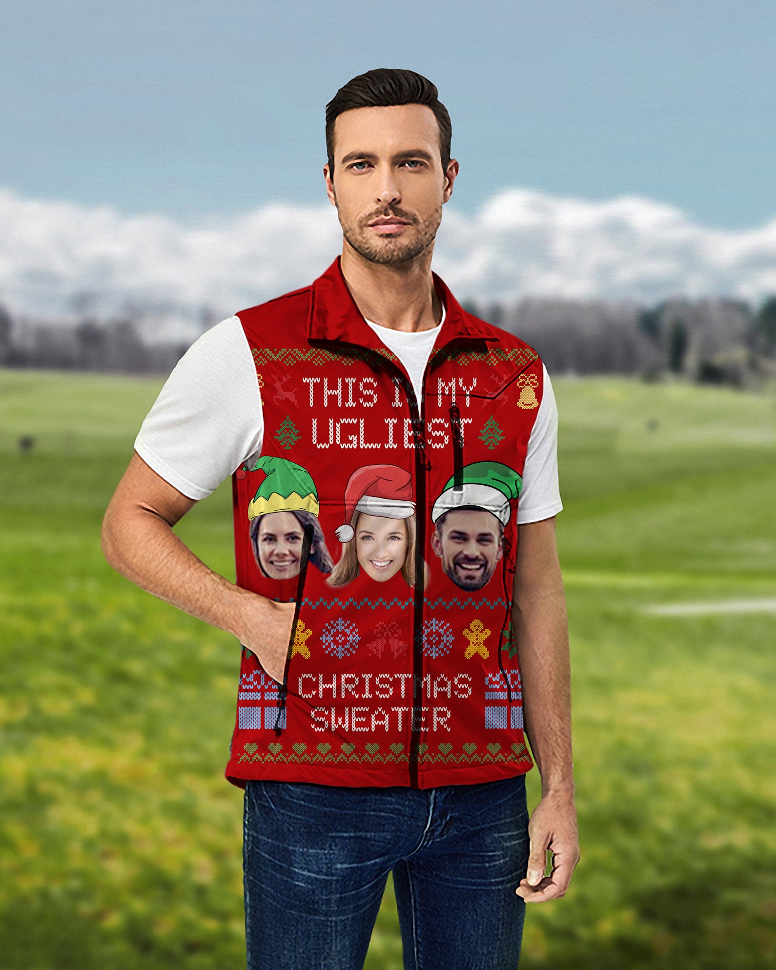 Men's Red-Christmas Custom face Lightweight Softshell Vest Sleeveless Jacket for Golf Windproof Waterproof