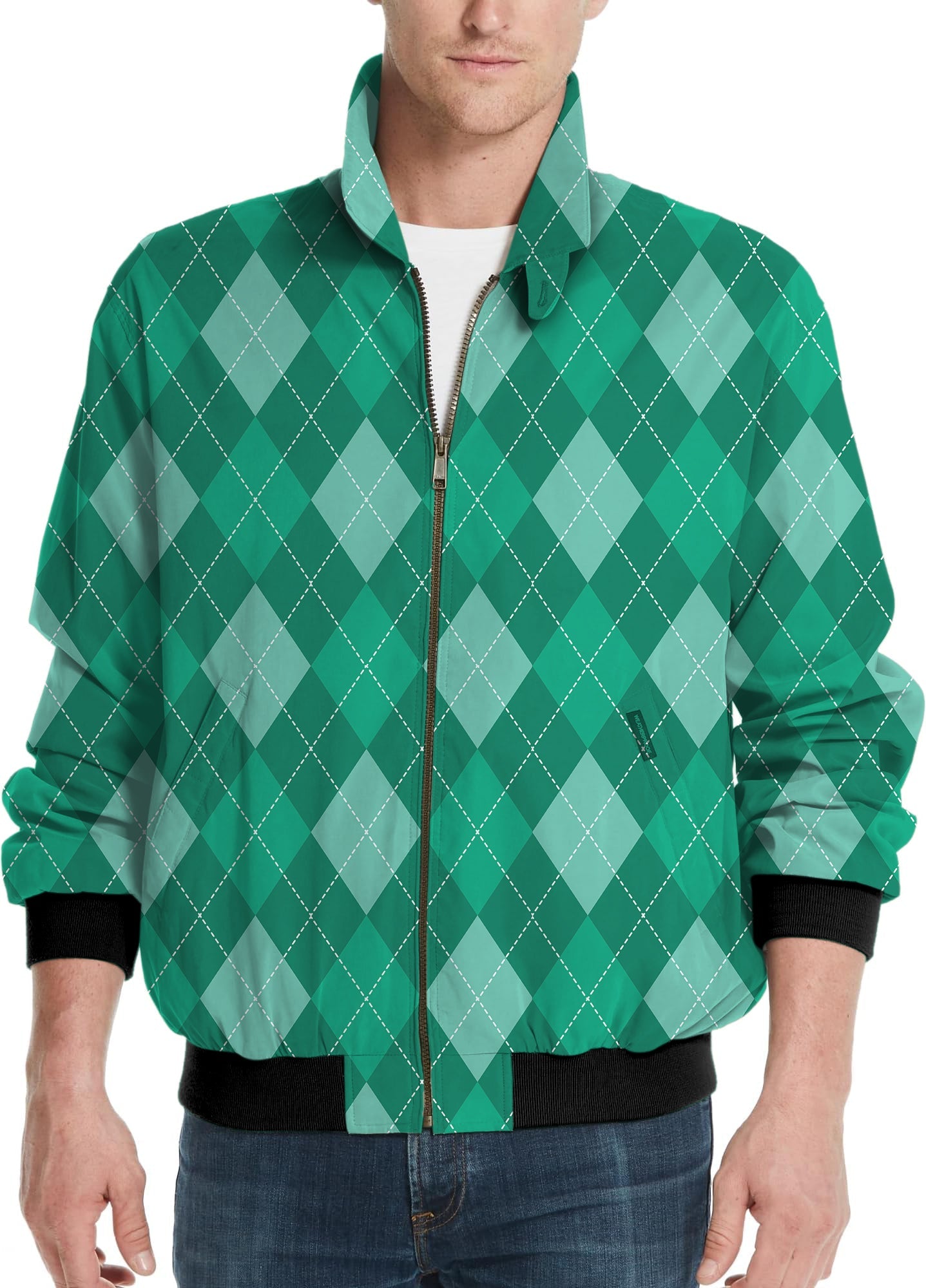 Men's golf windbreaker light jacket with green argyle pattern and personalized customization options