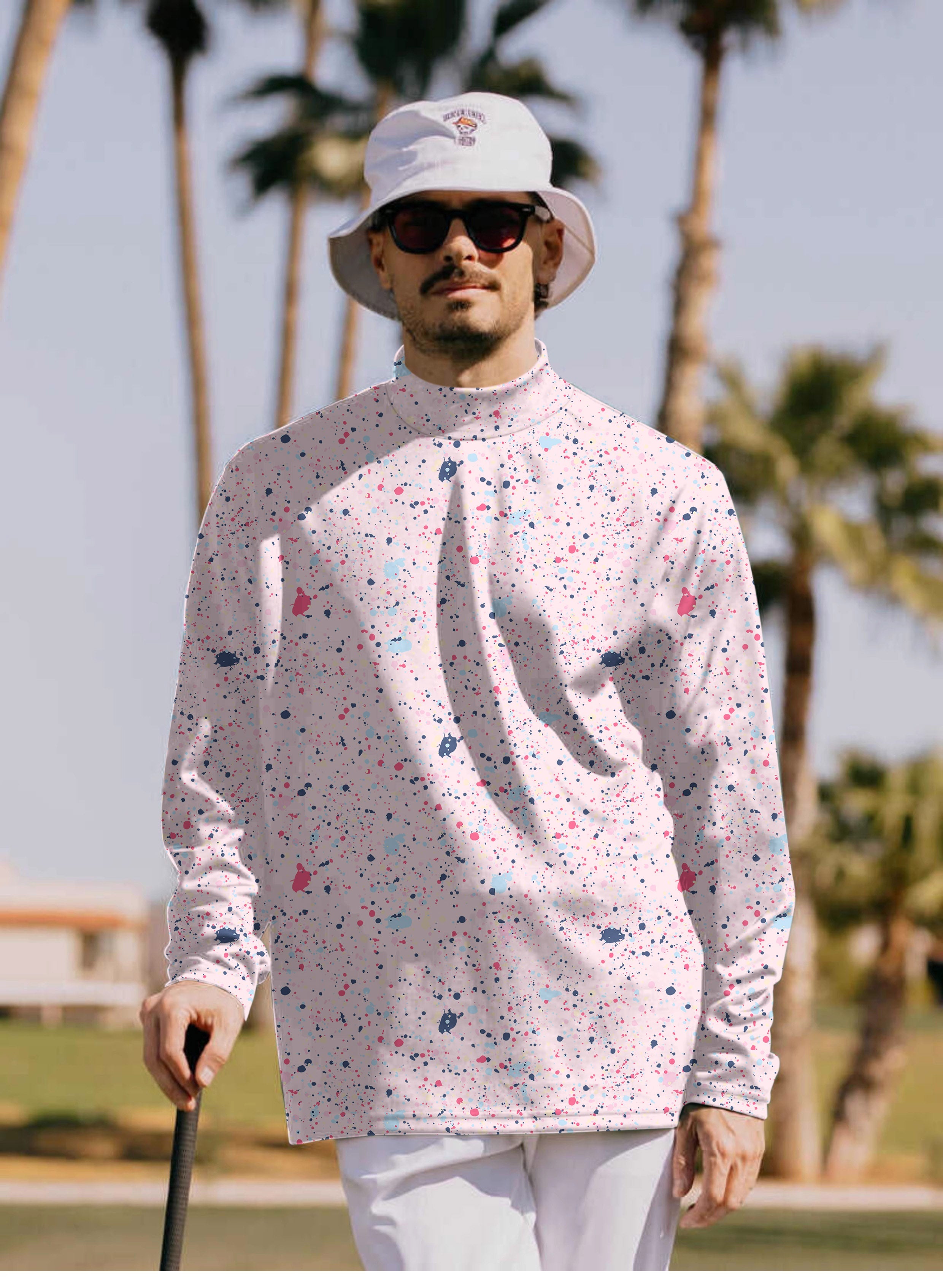 Men's Black Pink Ink Dots high neck pullover long sleeve t-shirt outdoors