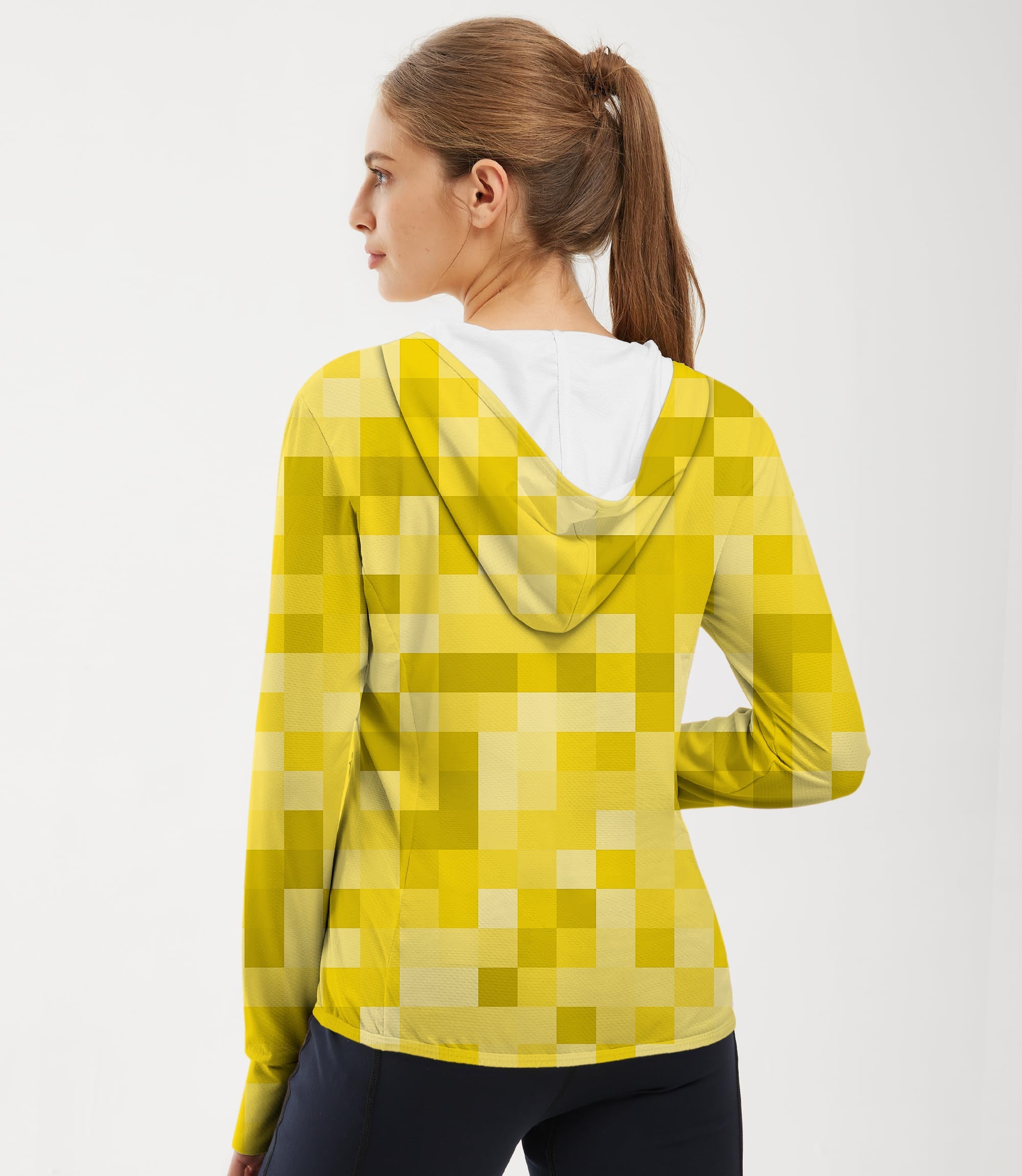 Women's outdoor yellow pixel big golf sun protection slim fit zip hoodie with breathable, quick-dry fabric and UPF 50+ UV protection