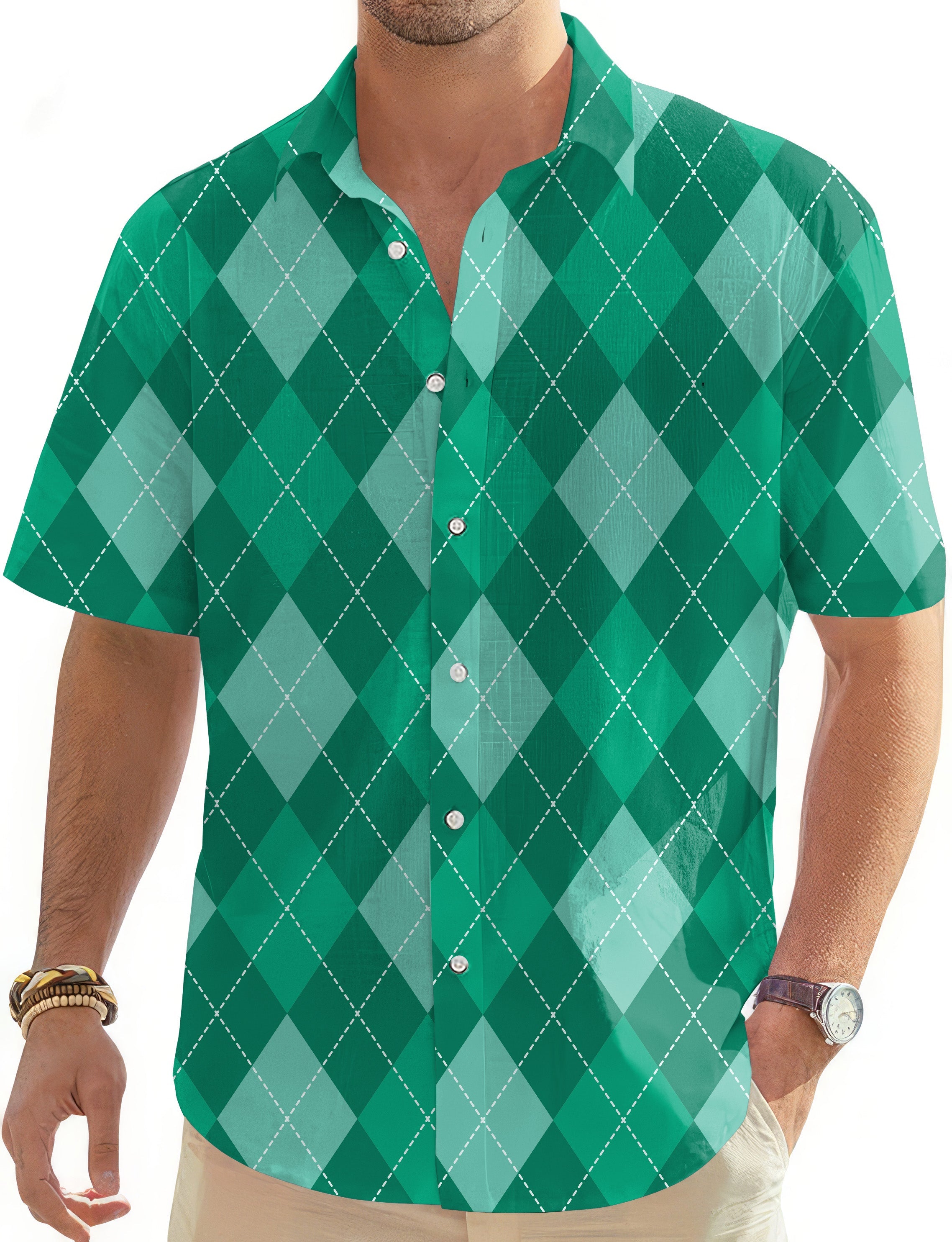 Men's green argyle short sleeve button-down golf Hawaiian shirt