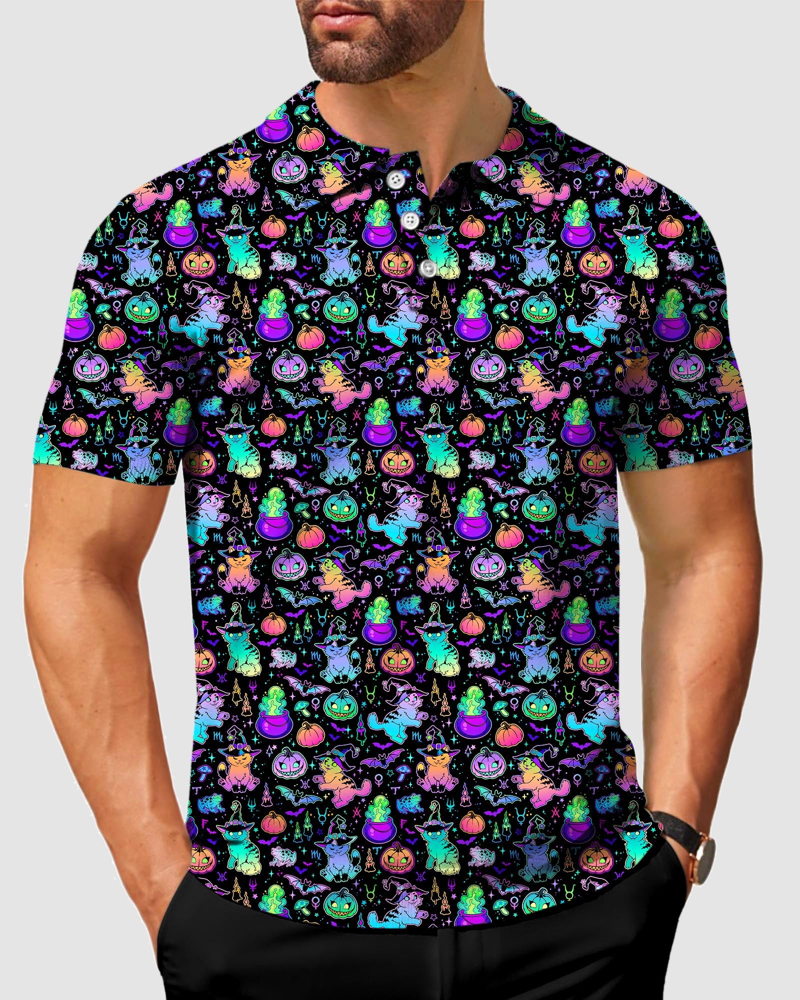Men's Halloween Constellation Cat Polo with colorful spooky cat and pumpkin pattern, stretch fabric, moisture-wicking, and wrinkle resistant
