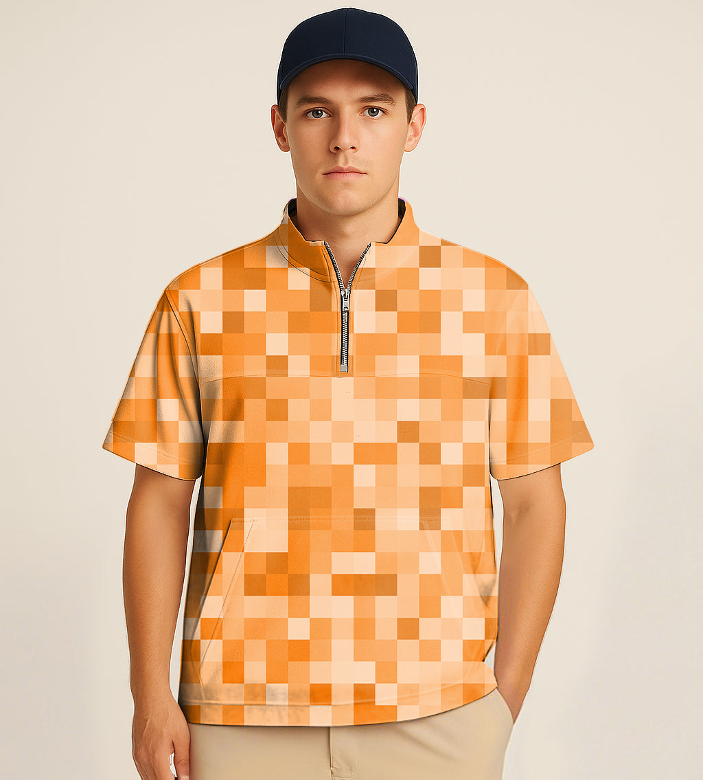 Man wearing orange pixel-patterned half zipper turtleneck golf short shirt with big embroidery