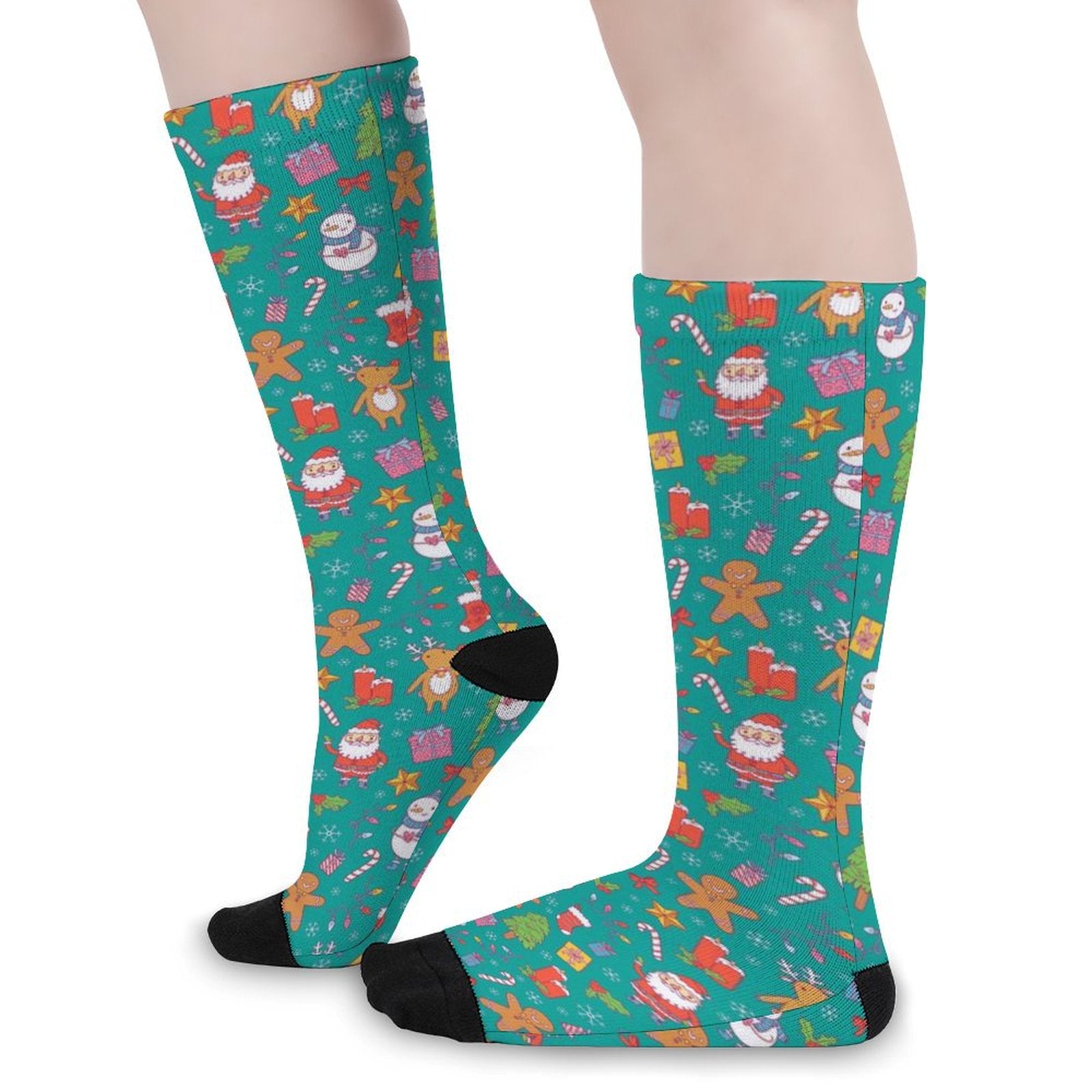 Merry Christmas printed socks with festive Santa, snowman, and candy cane design, soft cushioned crew socks for men and women, ideal holiday gift