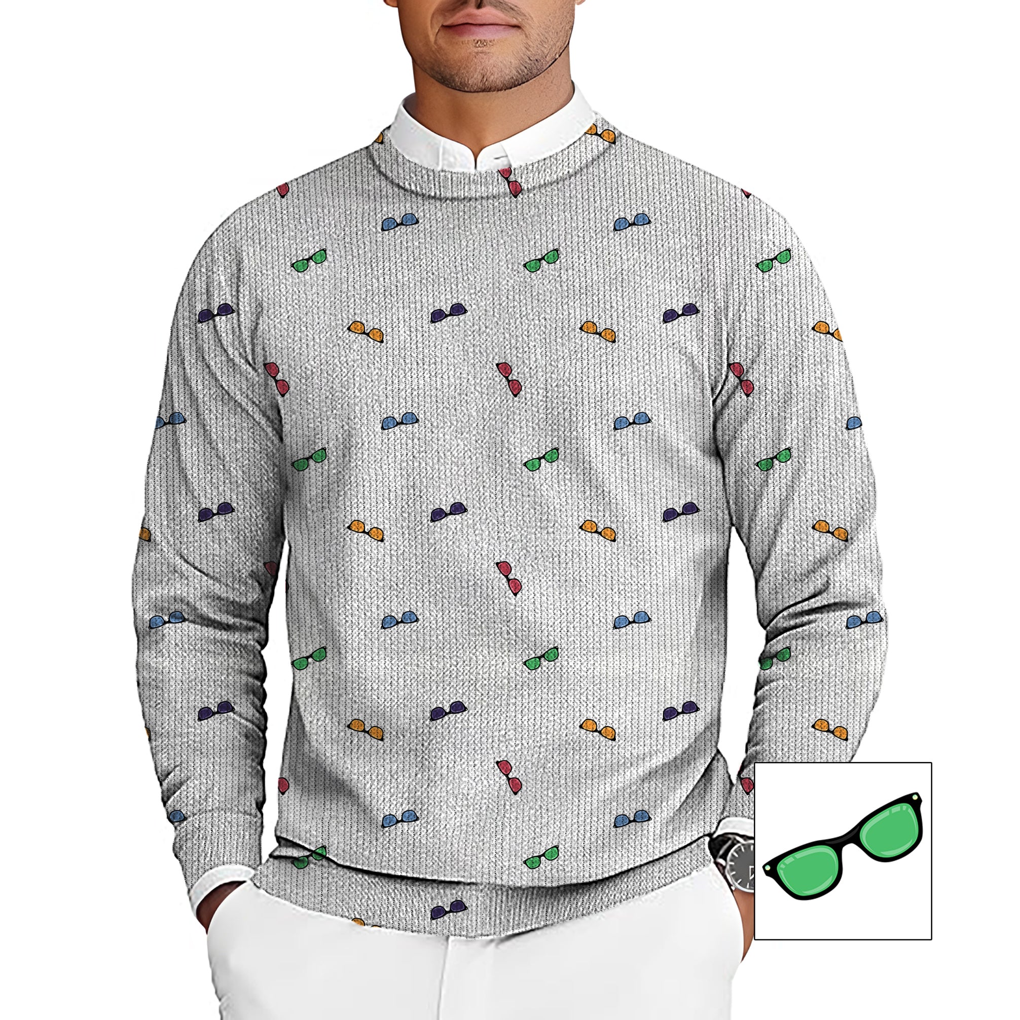 Men's crewneck pullover sweater with colorful sunglass pattern for golf team customization