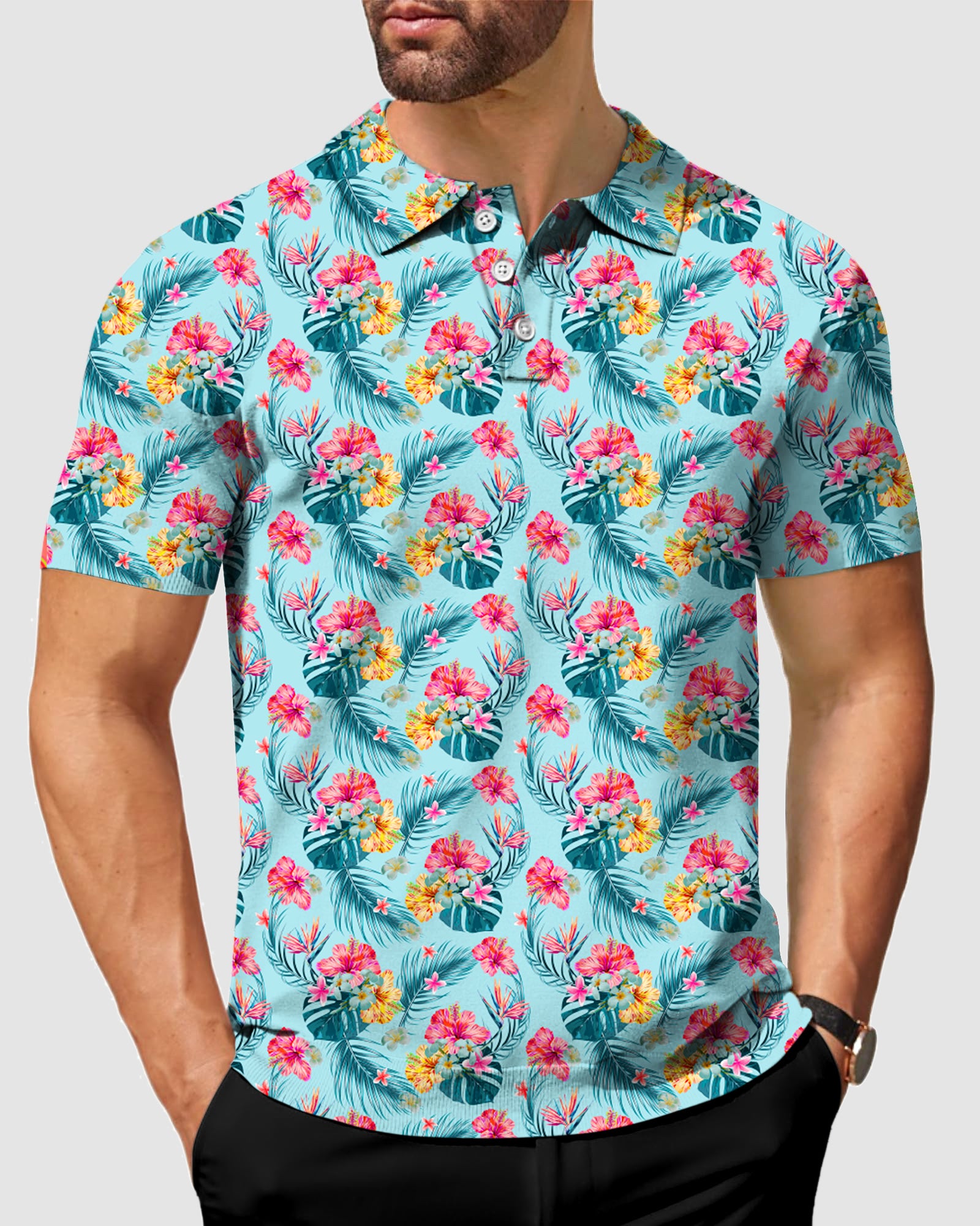 Men's Red tropical flowers golf polo