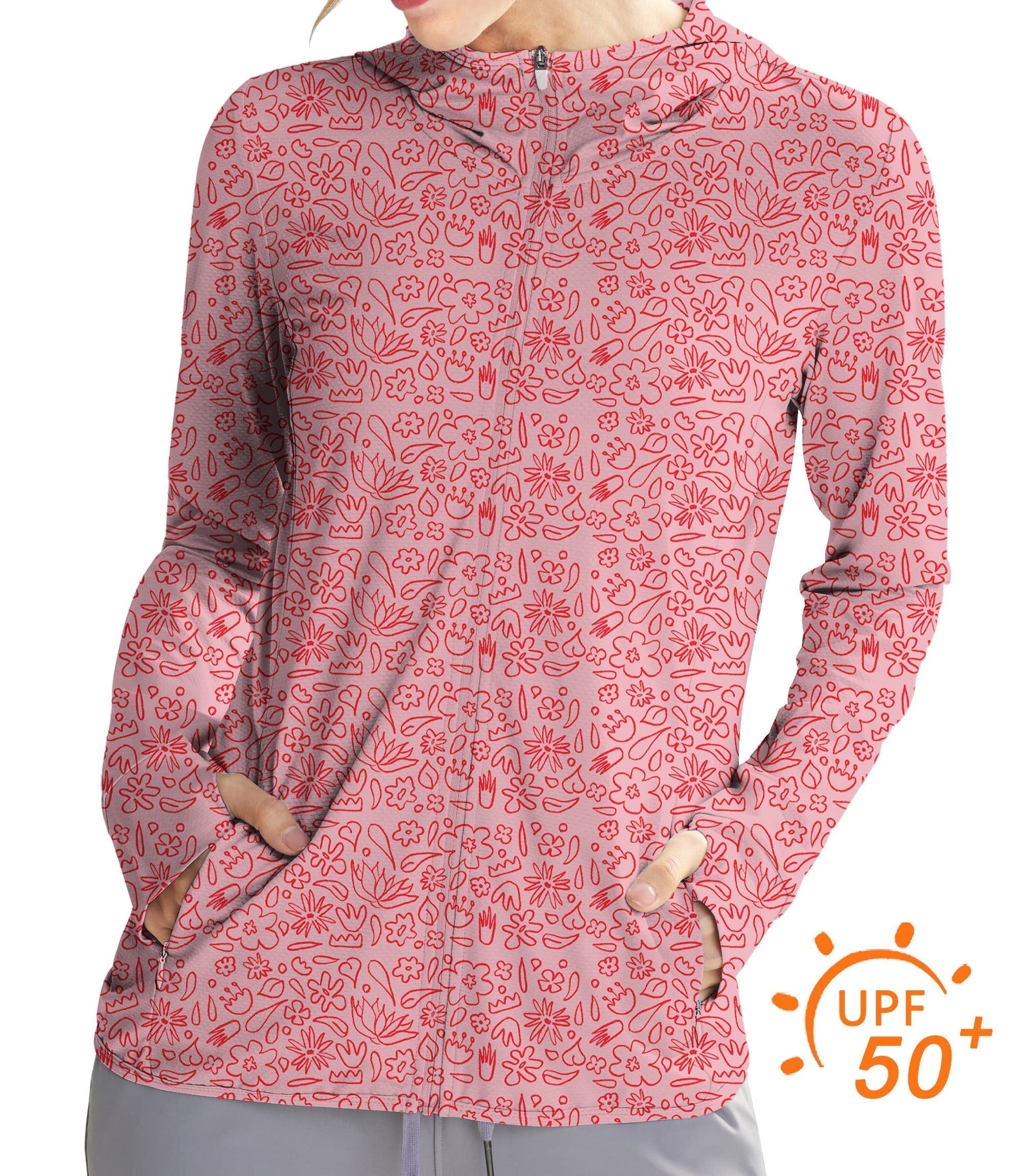 Women's outdoor hoodie with pink flower drawing, slim fit, zip front, thumb holes, UV protection UPF 50+, moisture-wicking breathable fabric