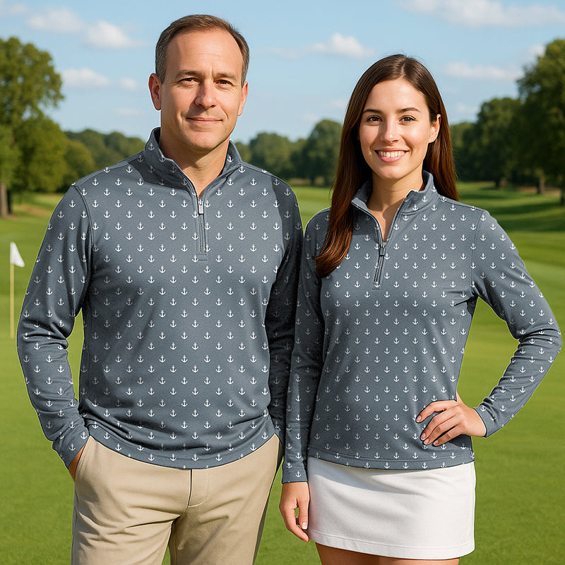 Gray Anchor Couple golf active 3/4 zip tops with mock collar and anchor print, lightweight and sun-protective fabric