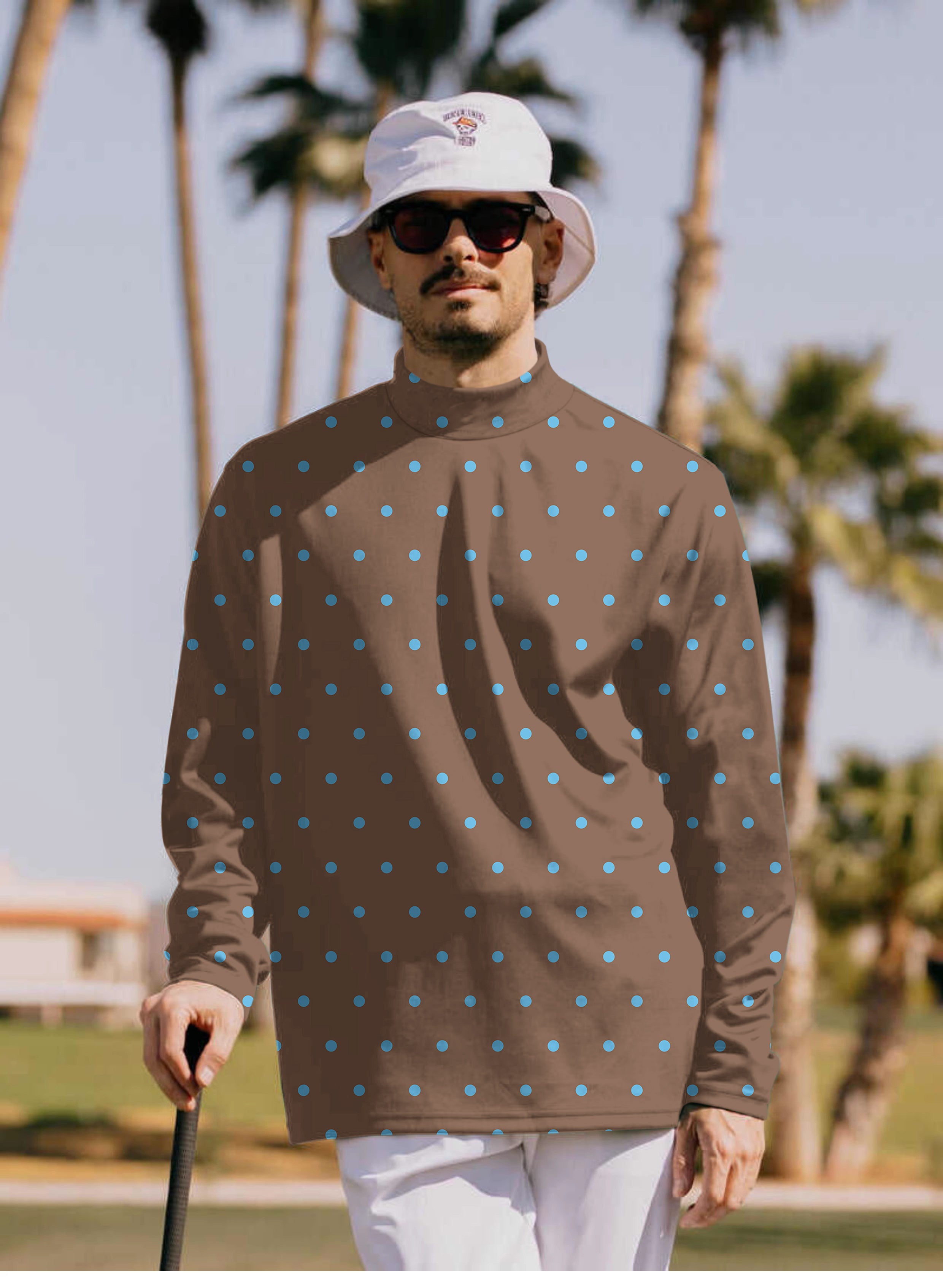 Men's Brown Polka Dots Mock Neck Long/Short Sleeve Golf Tops
