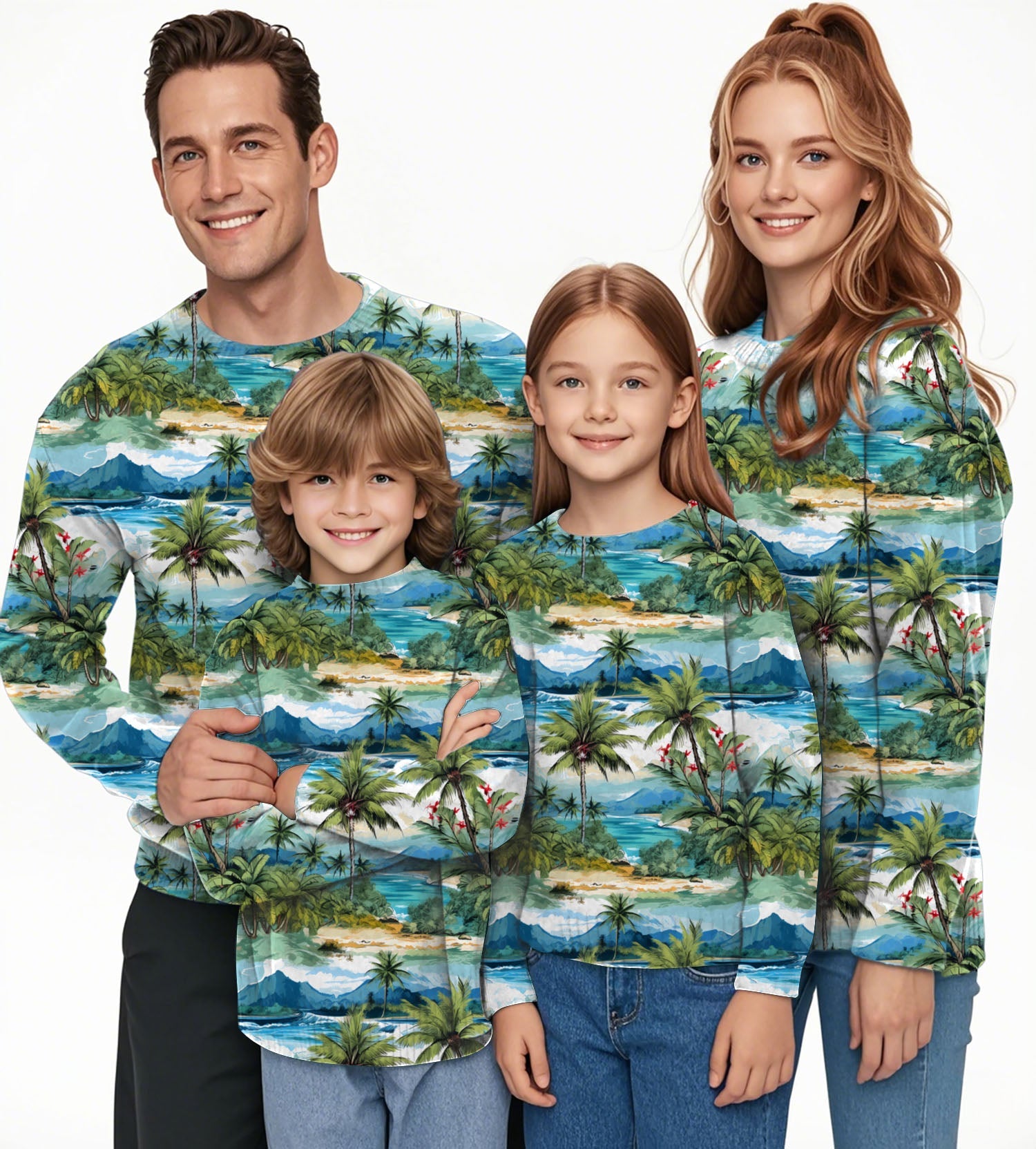 Family wearing Hawaii palm tree crewneck pullover ugly sweaters