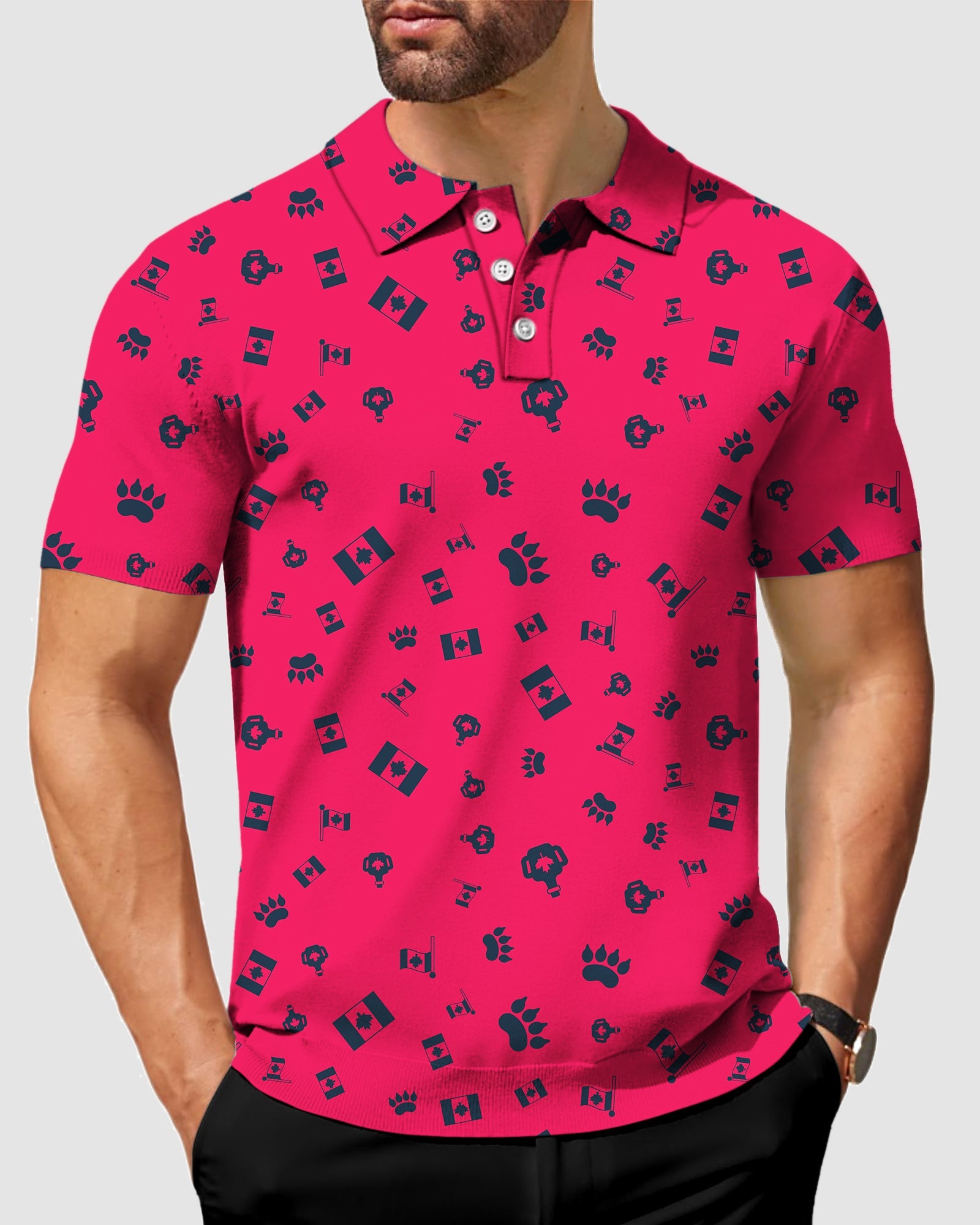 Men's Canadian Flag Paw Polo shirt with custom prints, four-way stretch, moisture-wicking fabric, wrinkle resistant, and UPF 40+ protection.