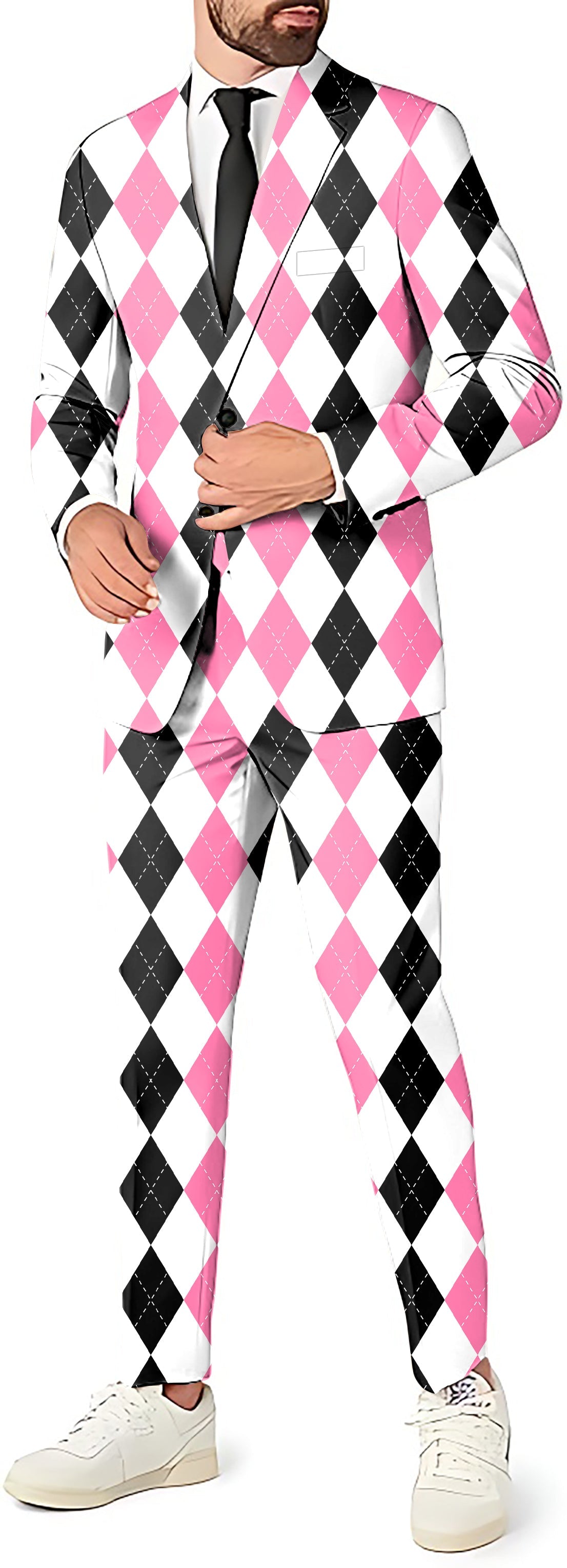Men's party costume pink and black argyle blazer, pants, and vest set
