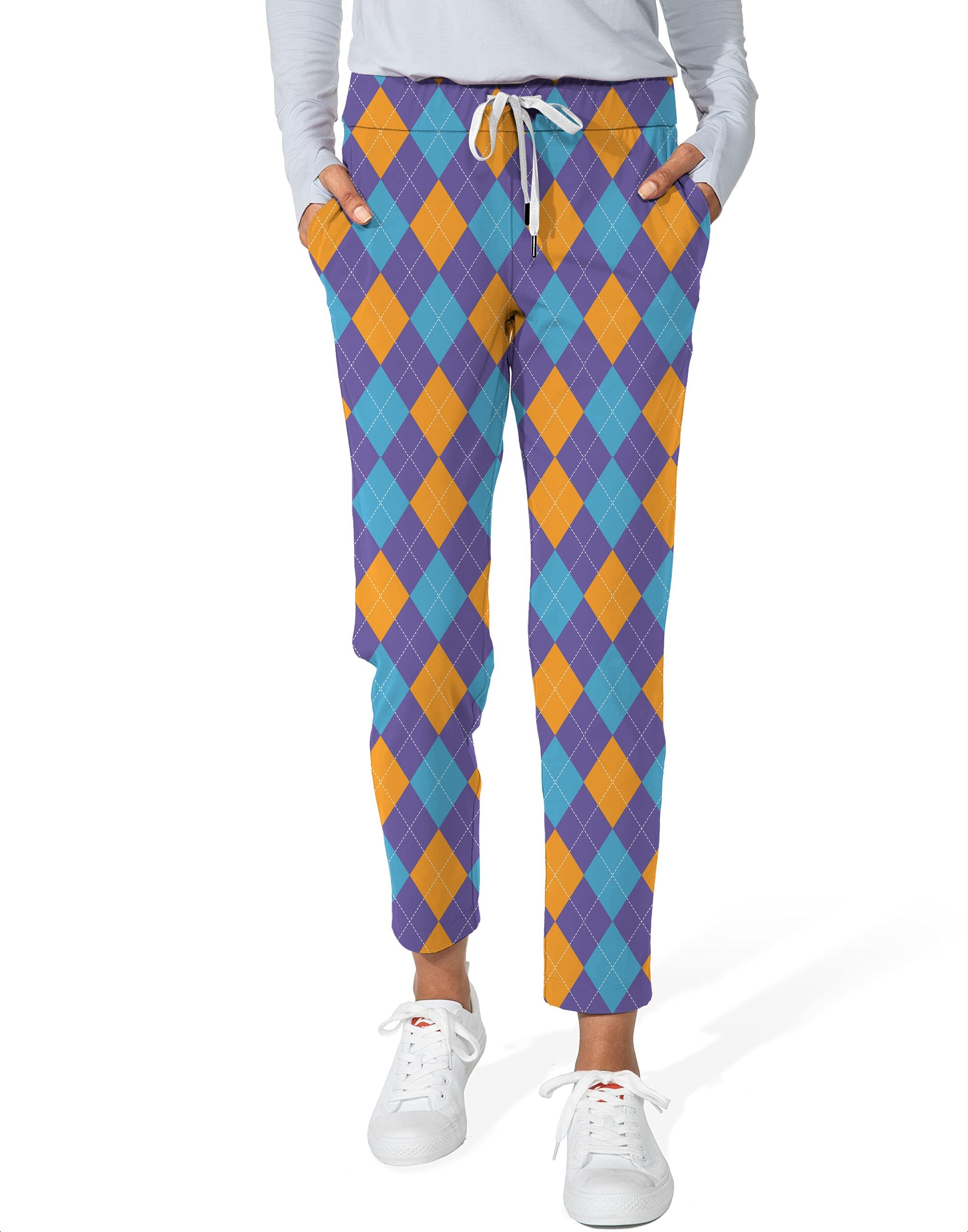 Purple orange blue argyle women's stretch ankle golf pants with drawstring waist