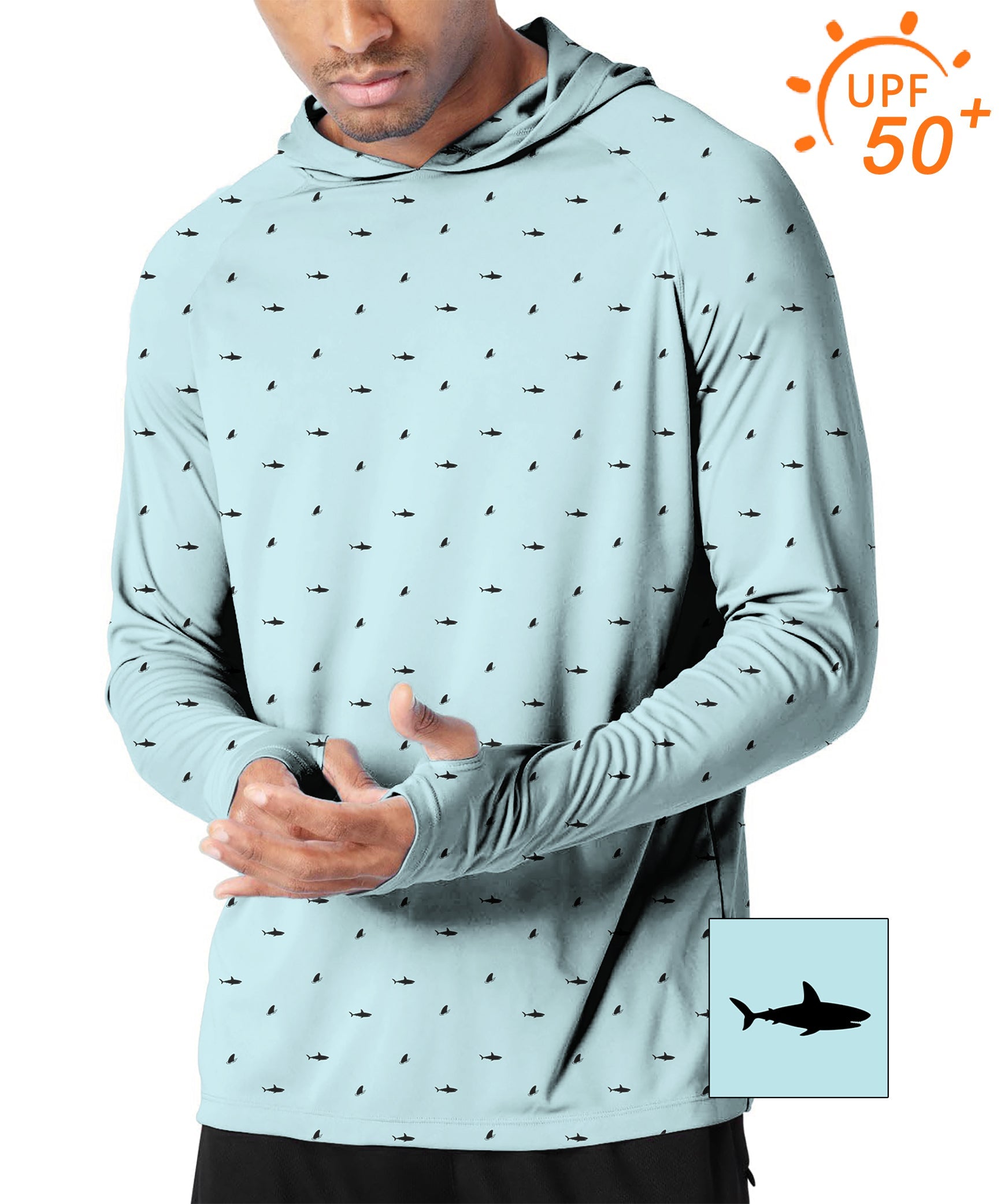 Men's outdoor slim fit black shark fin print sun protection hoodie with UPF 50+